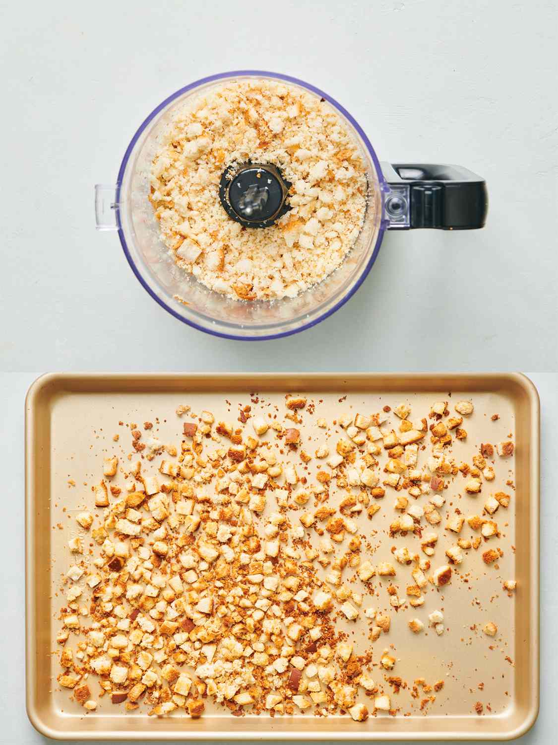 A two-image collage. The top image shows seasoned small pieces of bread inside of a food processor. The bottom image shows that bread, now crispy and browned on a baking sheet which has just been removed from the oven.