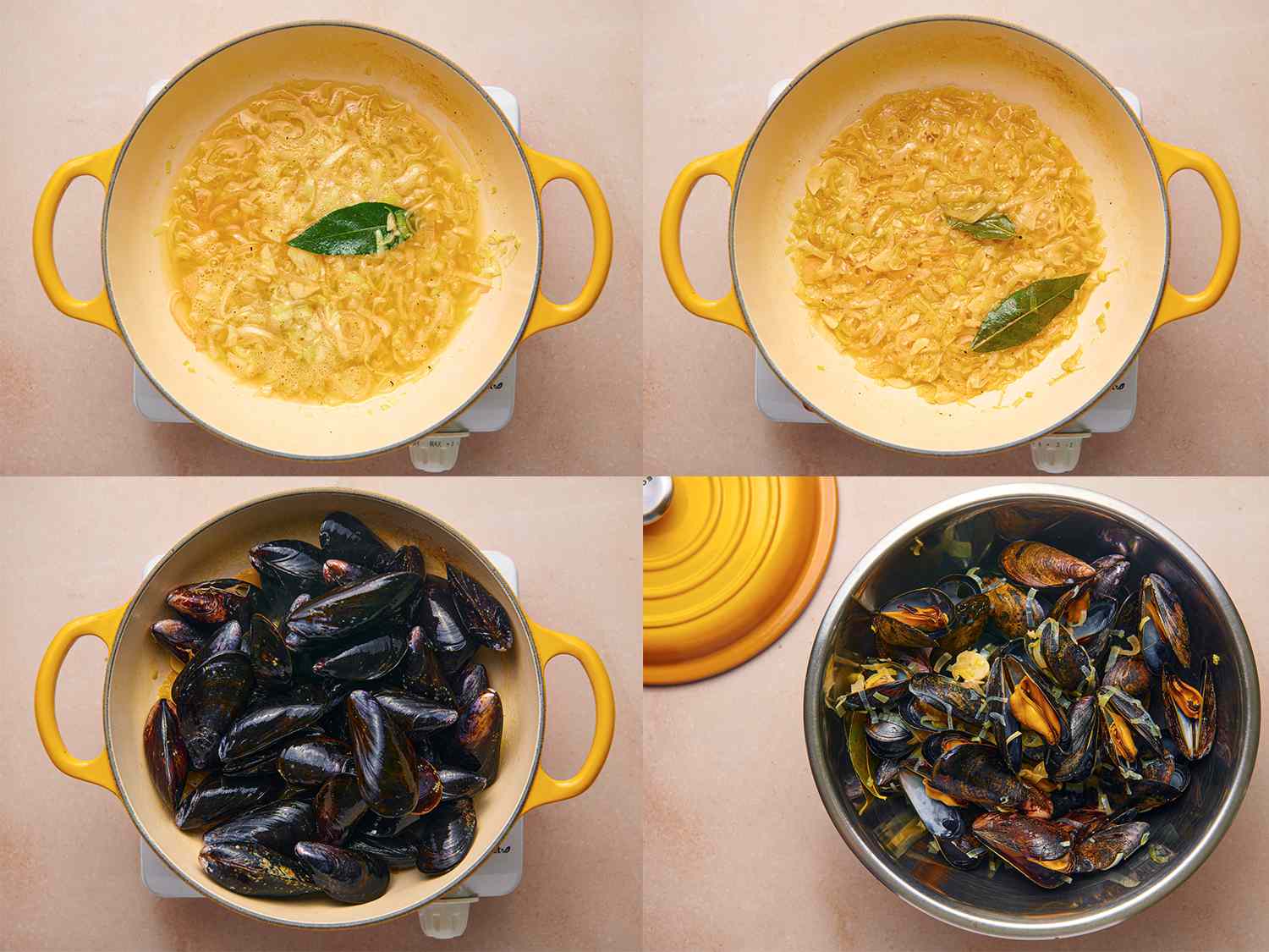 A four-image collage. The top left image shows wine added to the softened vegetables and coming a boil inside the Dutch oven. The top right image shows the liquid reduced by half inside of the Dutch oven. The bottom left image shows the mussels added to the pot. The bottom right image shows the mussels, now open, transferred to a bowl along with the other contents of the Dutch oven.