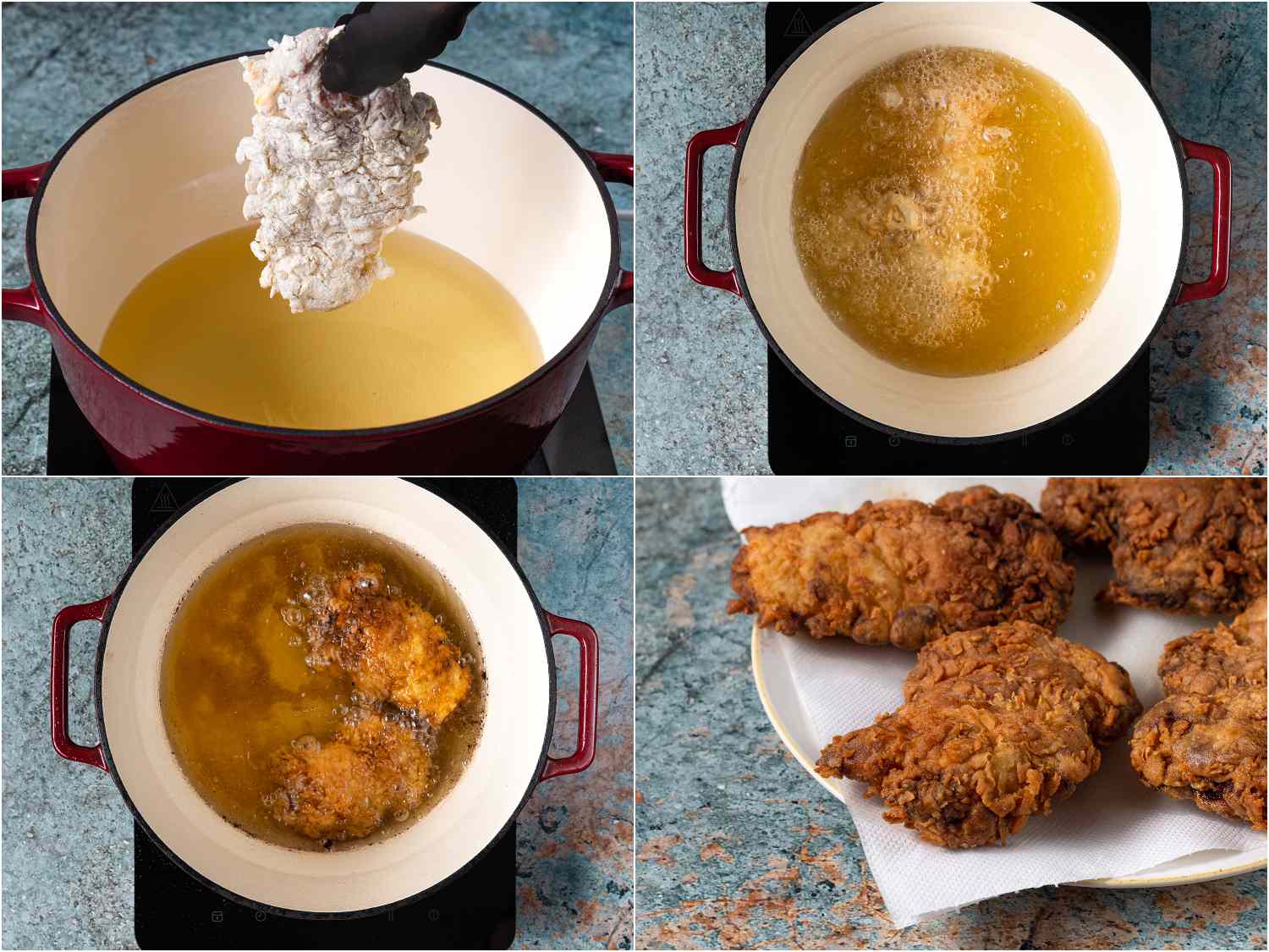 A collage showing the chicken being fried.