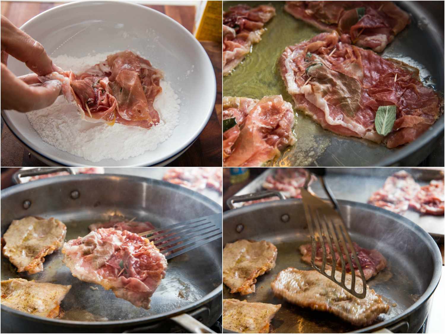 A 4-image collage of dredging saltimbocca in cornstarch and pan-frying in skillet, lifting a piece up with a fish spatula and flipping it. 