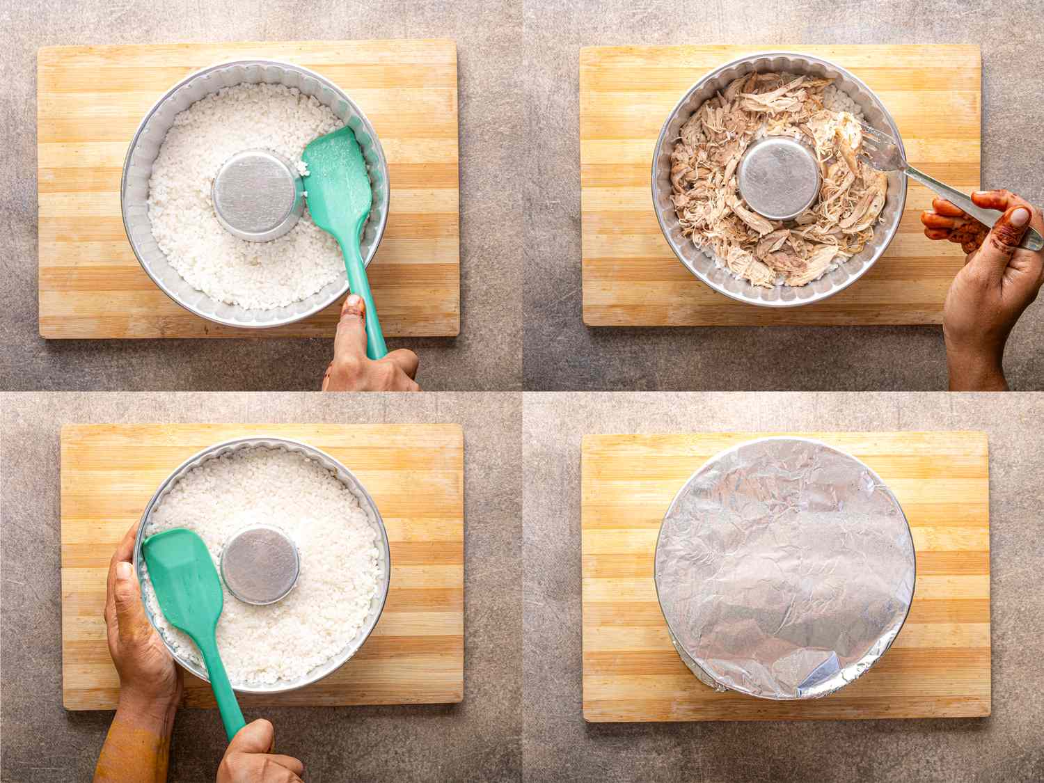 Steps in a cooking process showing a bowl being filled with rice and chicken layers and the bowl covered with foil