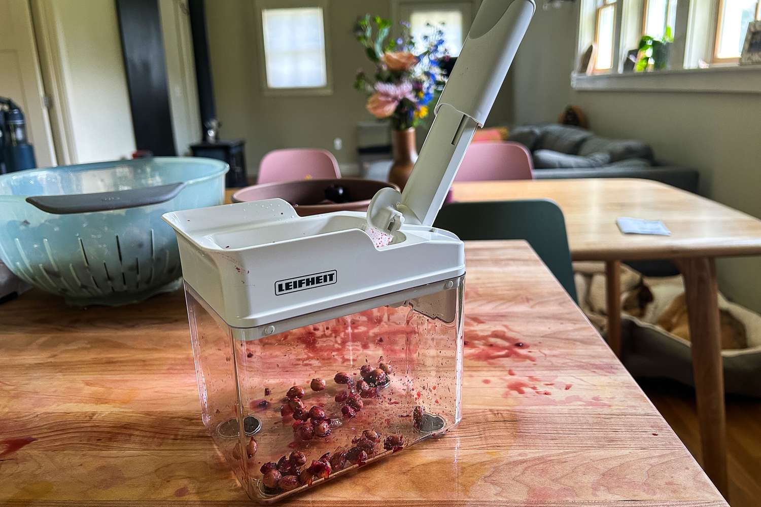 The Leifheit cherry pitter in a kitchen, with the base full of pits.