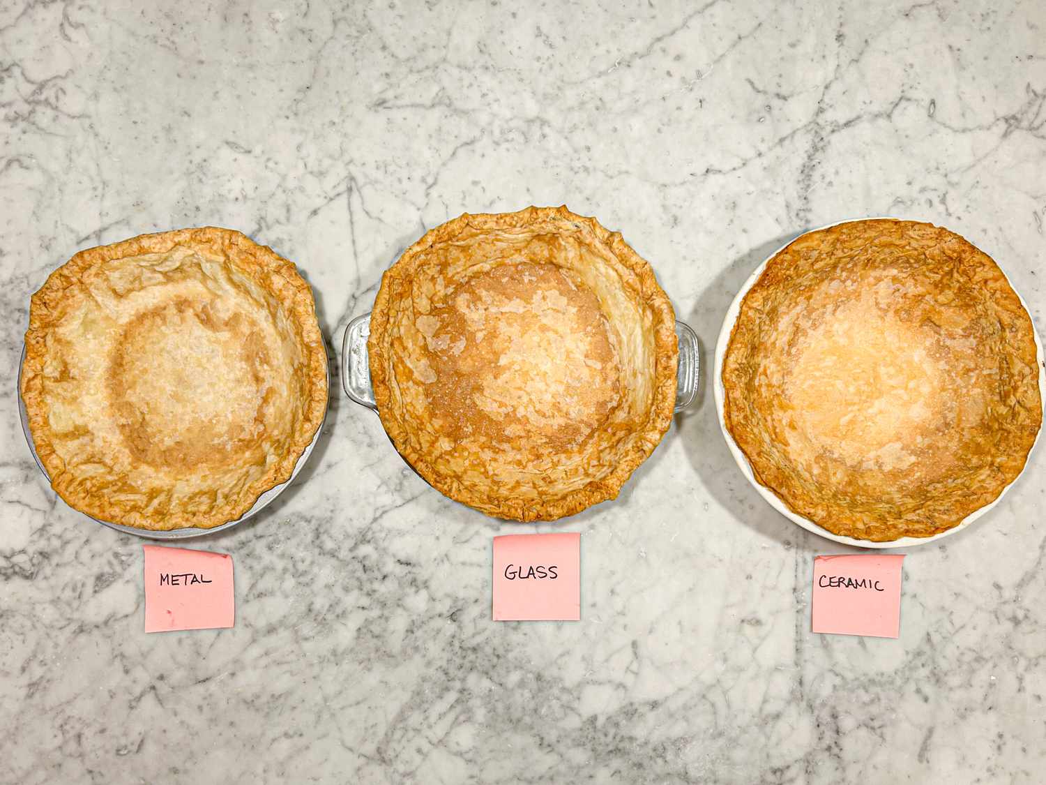 Three pie crusts on a marble surface labeled metal glass and ceramic respectively