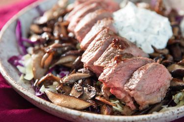 20180726-MHT-broiling-strip-steak-mushrooms-sour-cream-chives-finished-side-close-vicky-wasik-