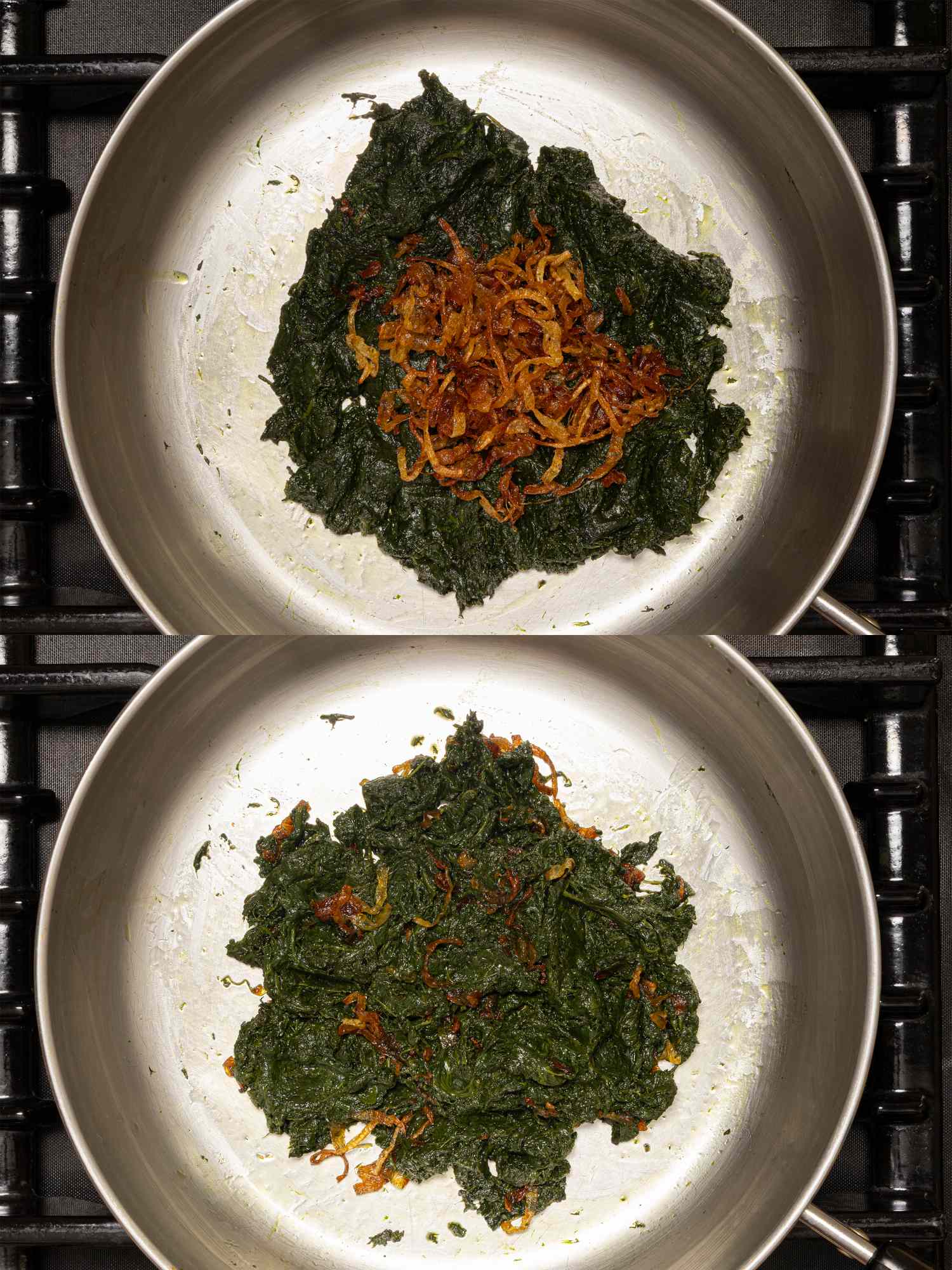 Cooking spinach in a pan with fried onions before and after stirring