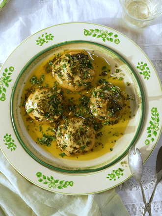 Overhead view of braised artichokes