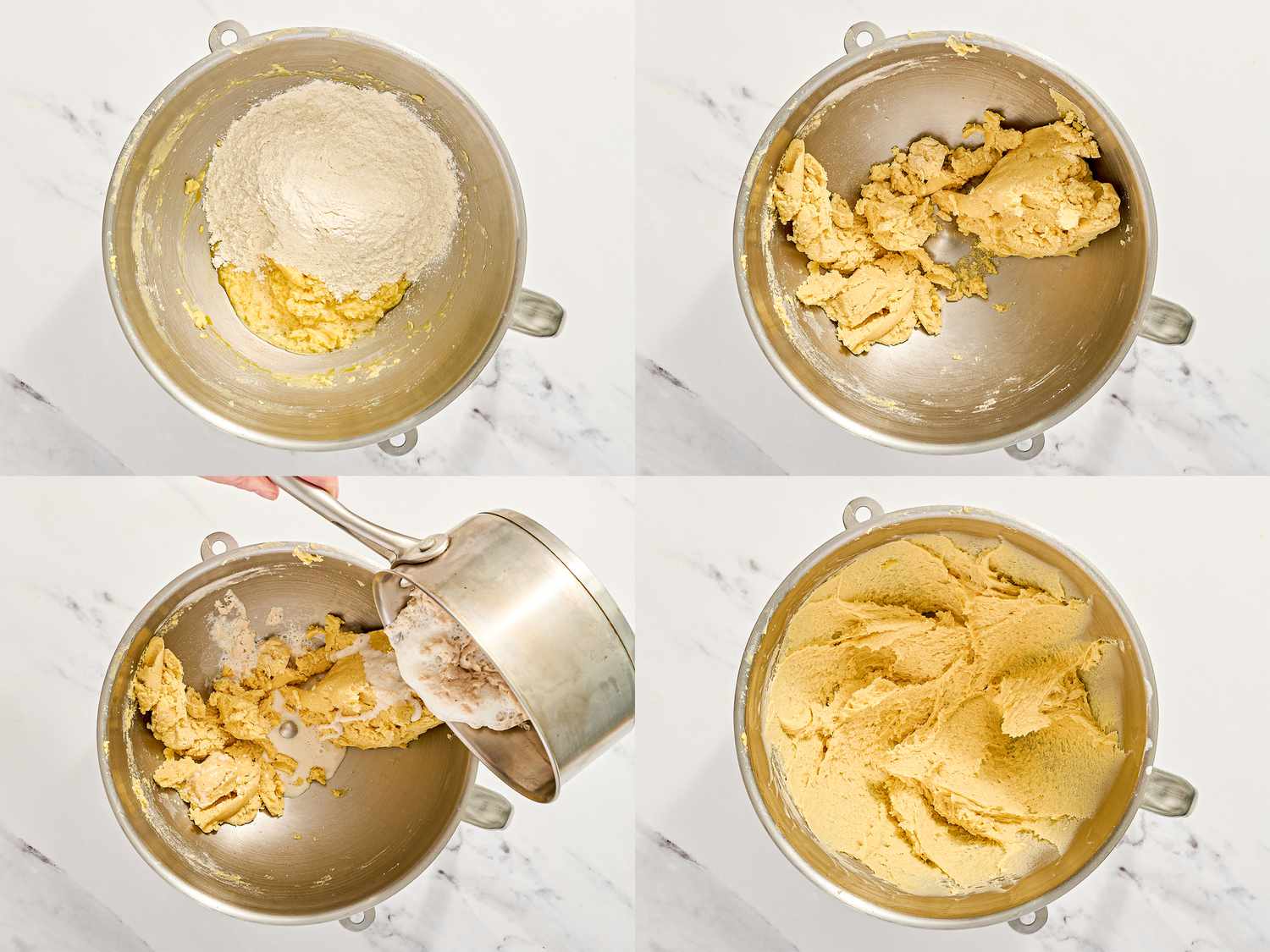 Four steps of preparing dough for gooey butter cake in a mixing bowl with added ingredients