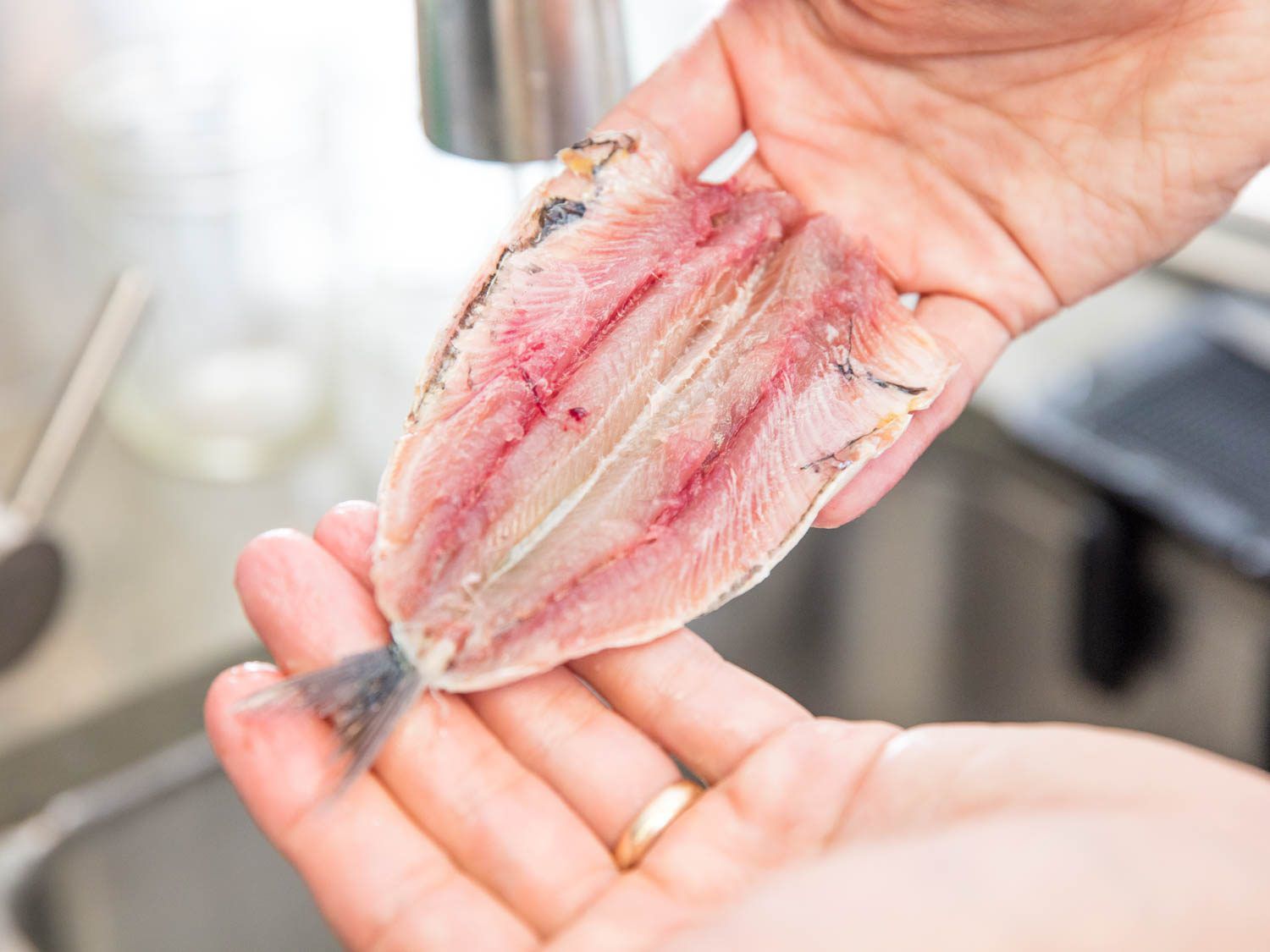 Hands holding a butterflied fresh sardine fillet.