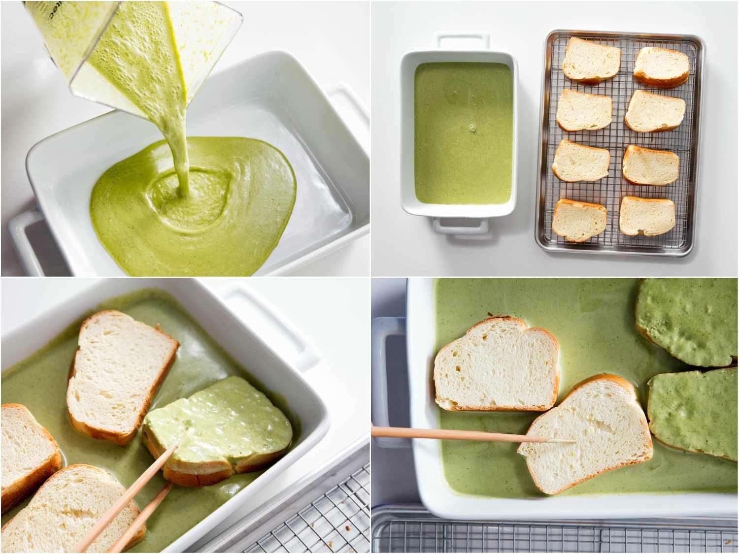 Collage showing soaking process for savory French toast: pouring custard into dish, staled bread lined up next to dish, soaking one side of bread slices, turning slices