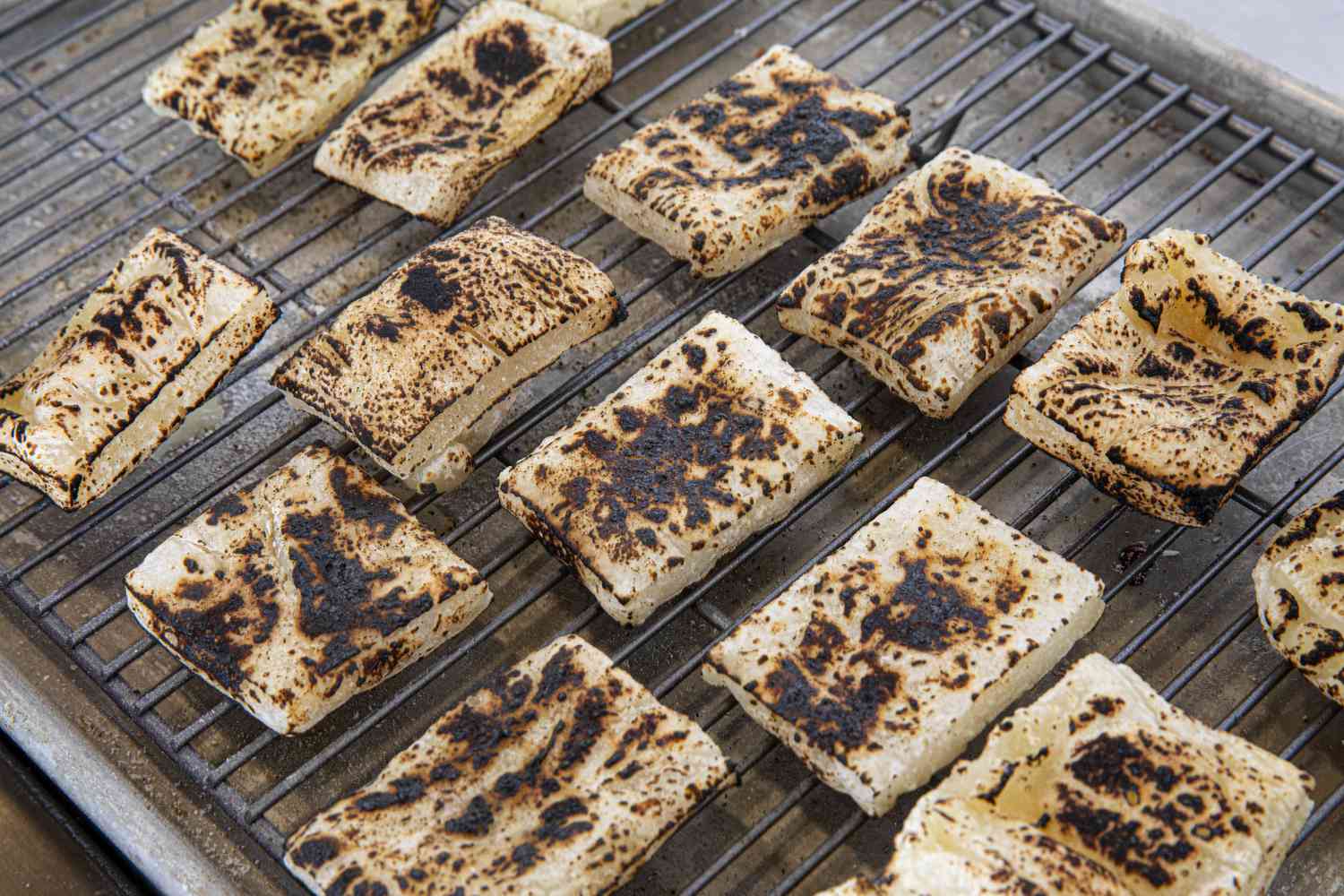 Overhead view of blowtorched mochi