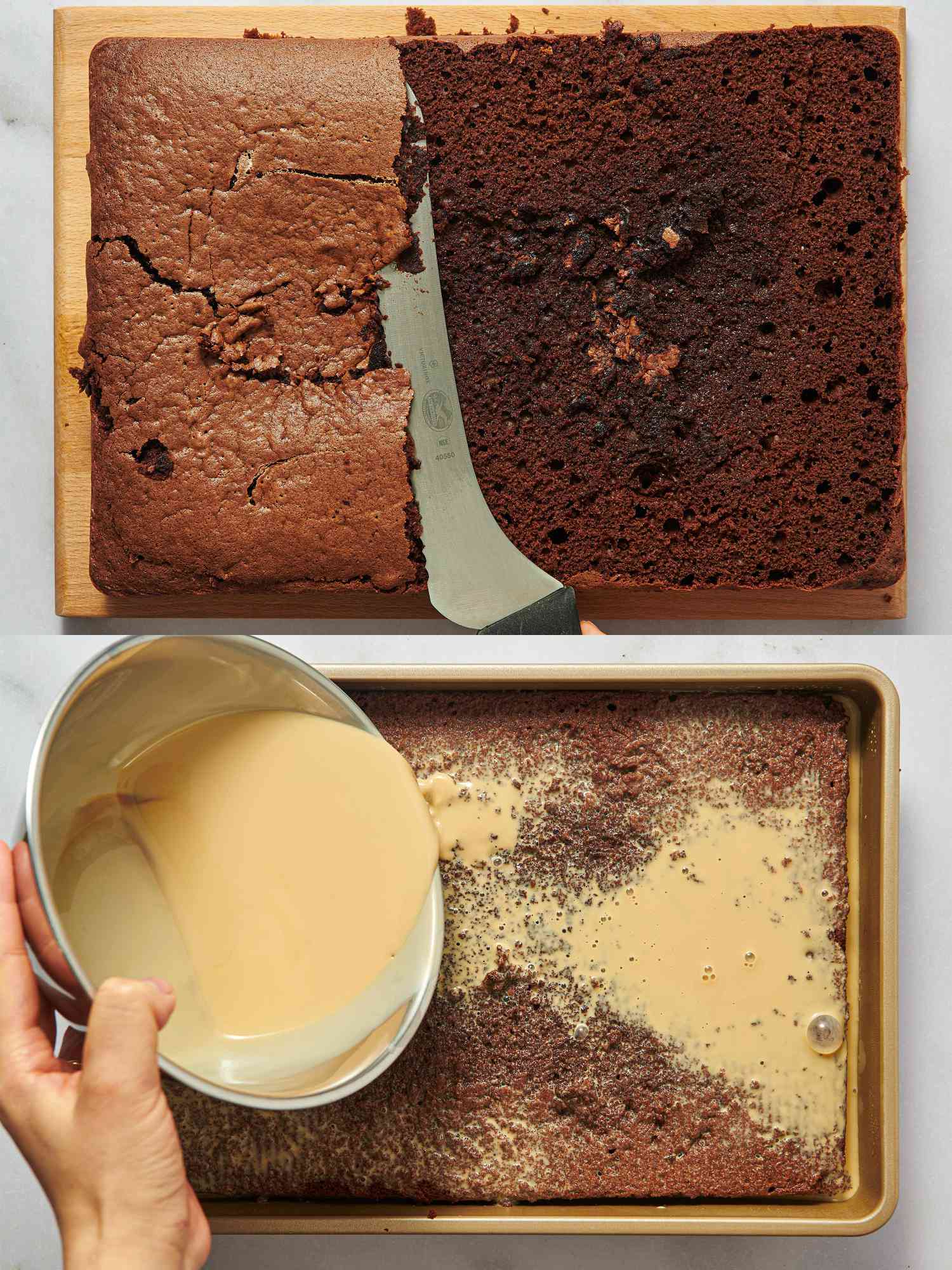 Two image collage of prepping cake and pouring liquid onto cake 
