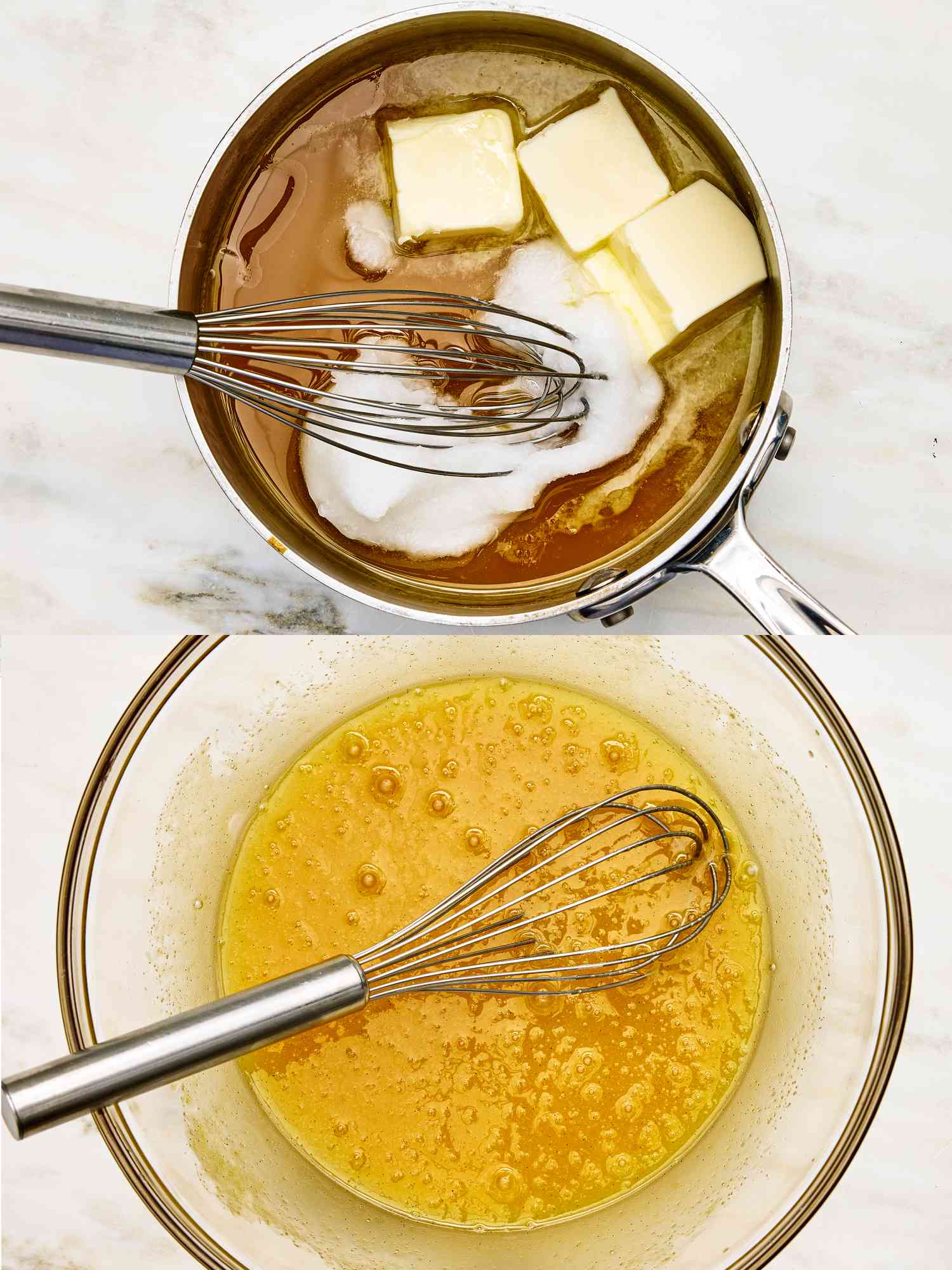 2 images. Top image of butter and sugar cooking in pot being whisked together. Bottom image of melted mixture in a glass bowl with whisk. 