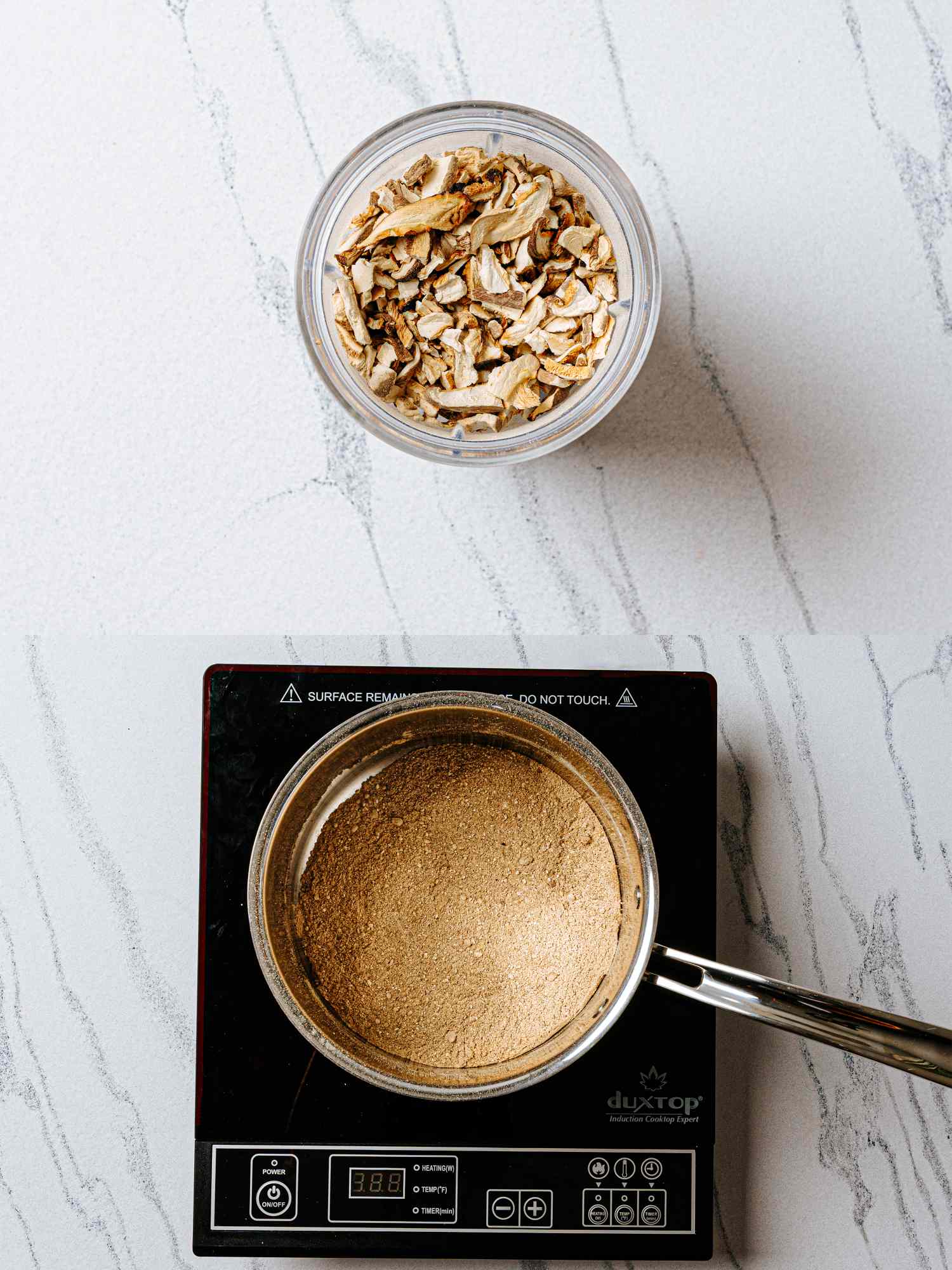 A container of sliced mushrooms above an electric stove with a saucepan of liquid preparation