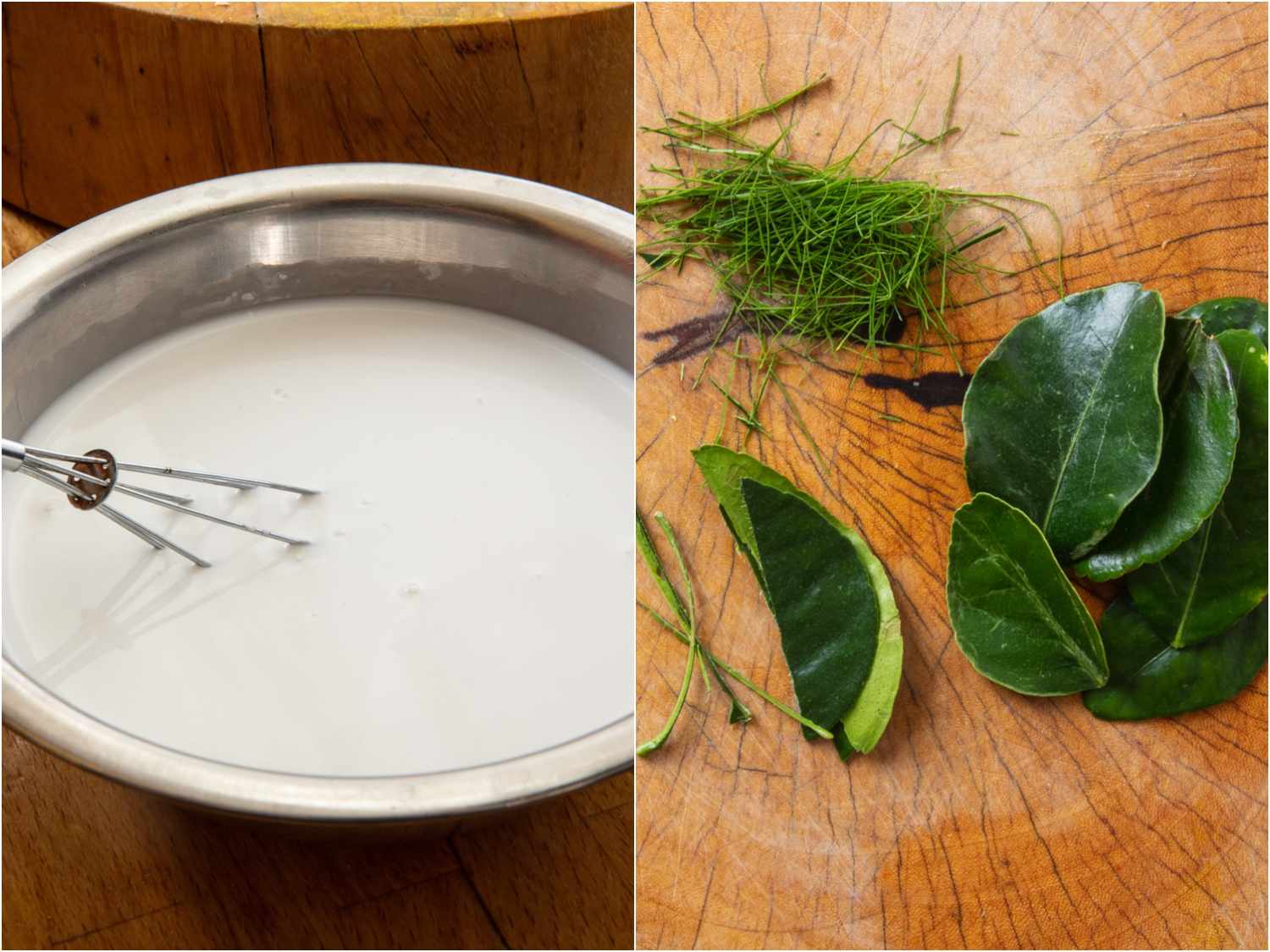 collage: coconut milk and water whisked together; makrut lime leaves in various stages of prep on a cutting board