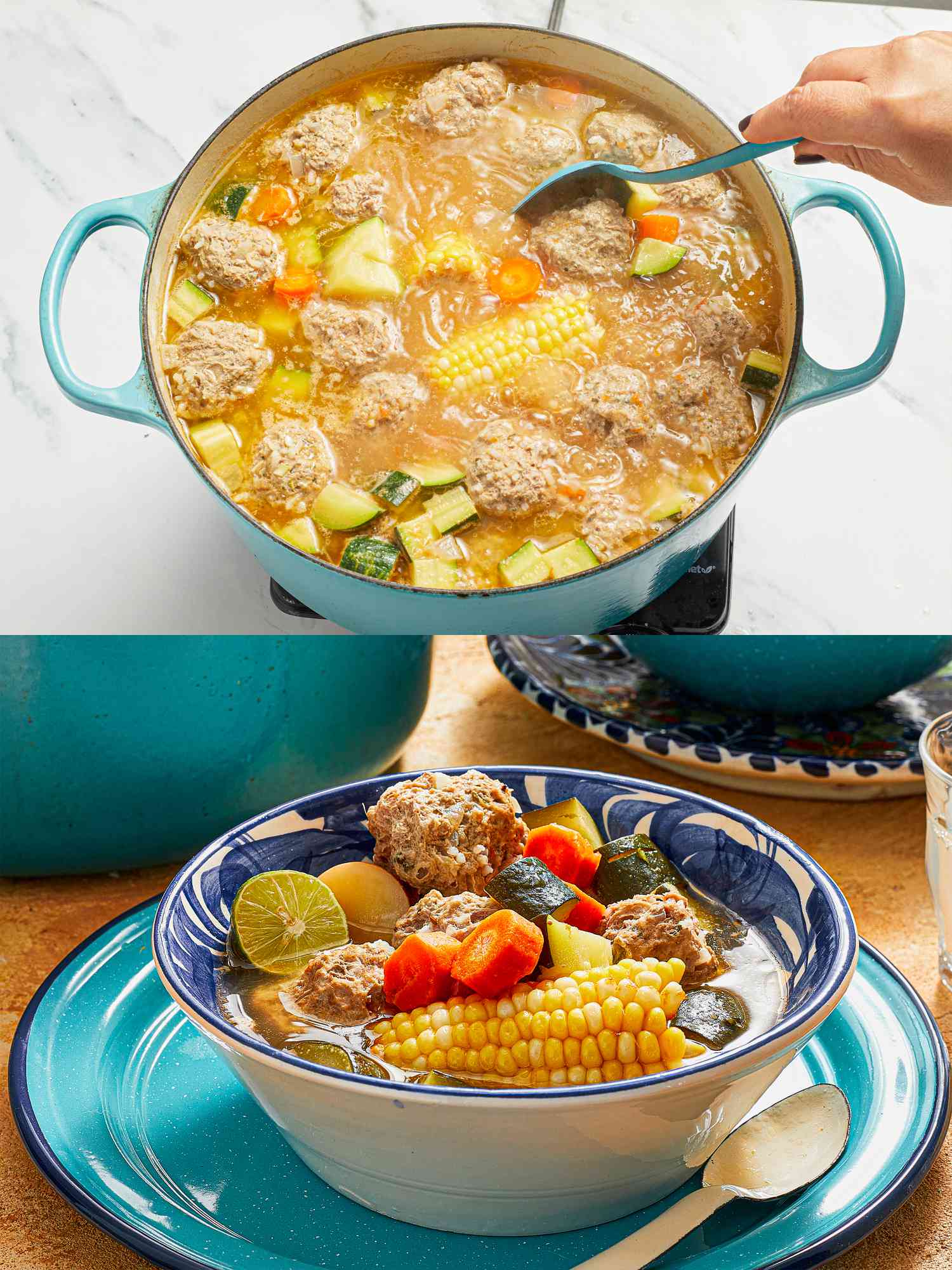 Two image collage of mixing soup and plating 