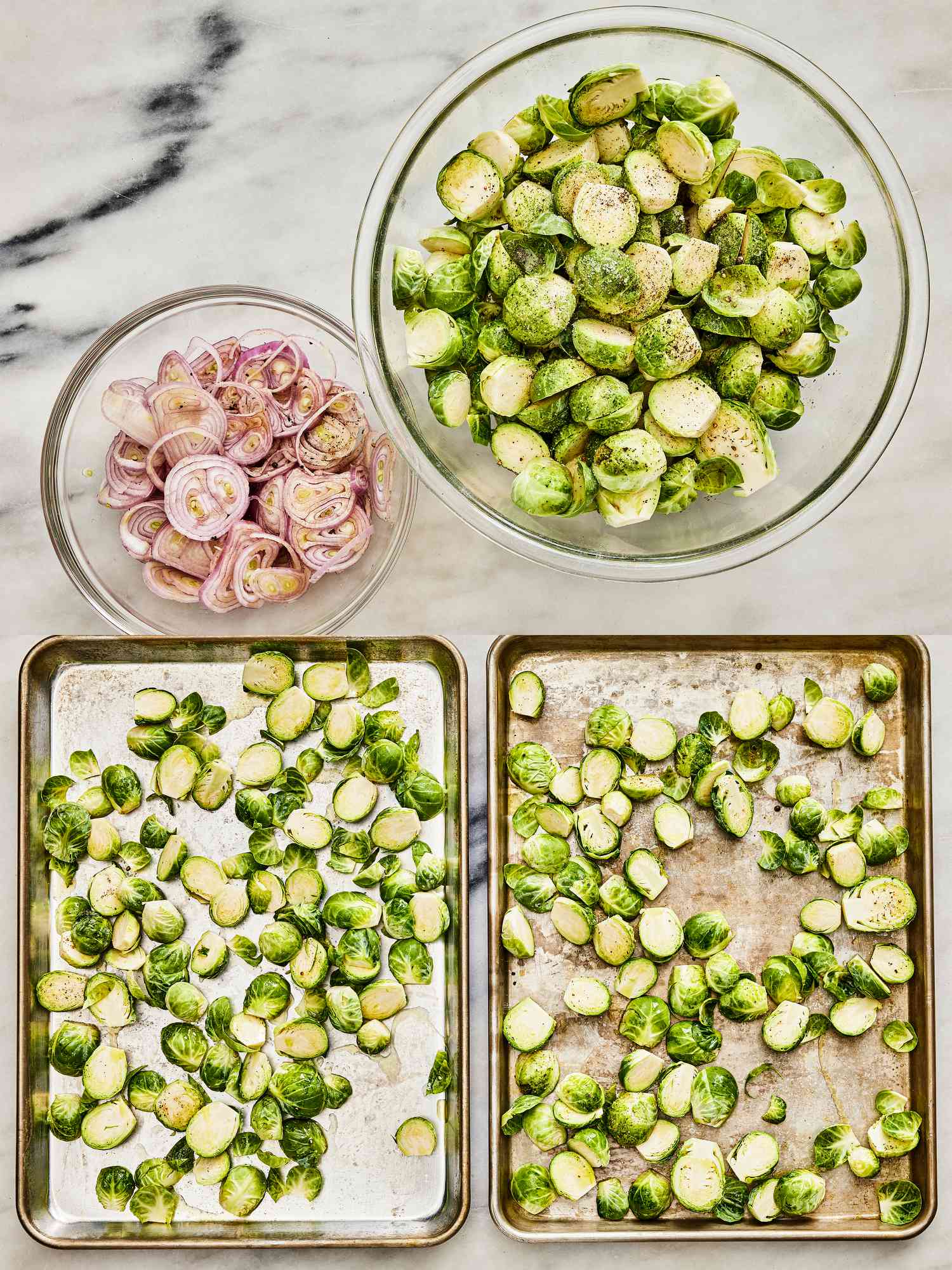 Overhead view of Brussels sprouts prepared and on a sheet
