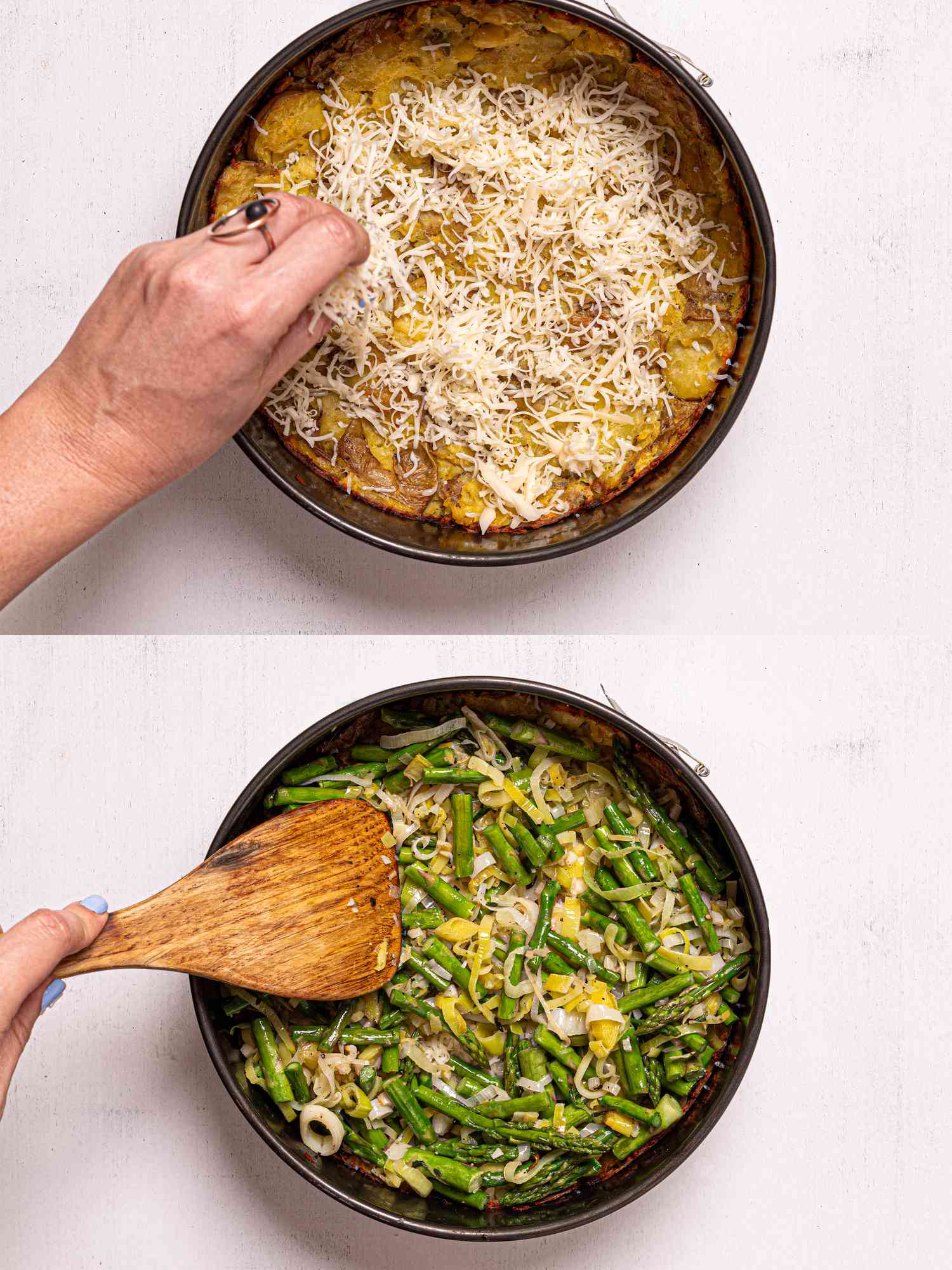 Hand sprinkling cheese on smashed potatoes, wooden spatula stirring green vegetables in a pan.