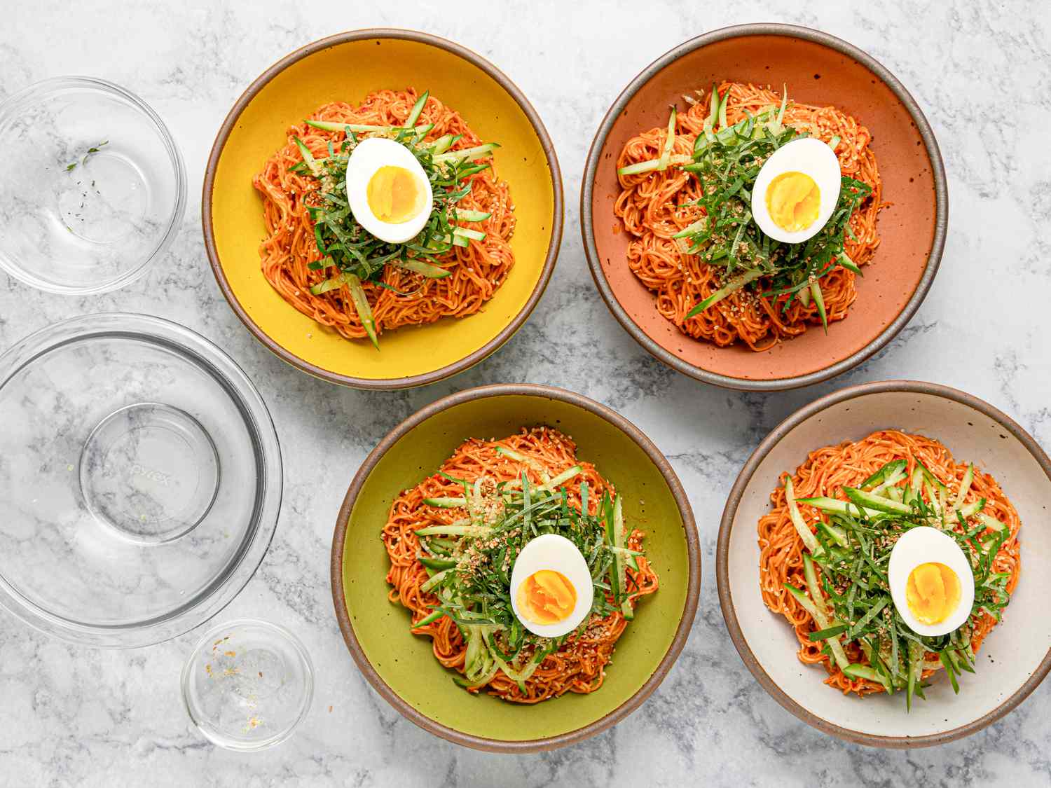Overhead view of assembled bowls