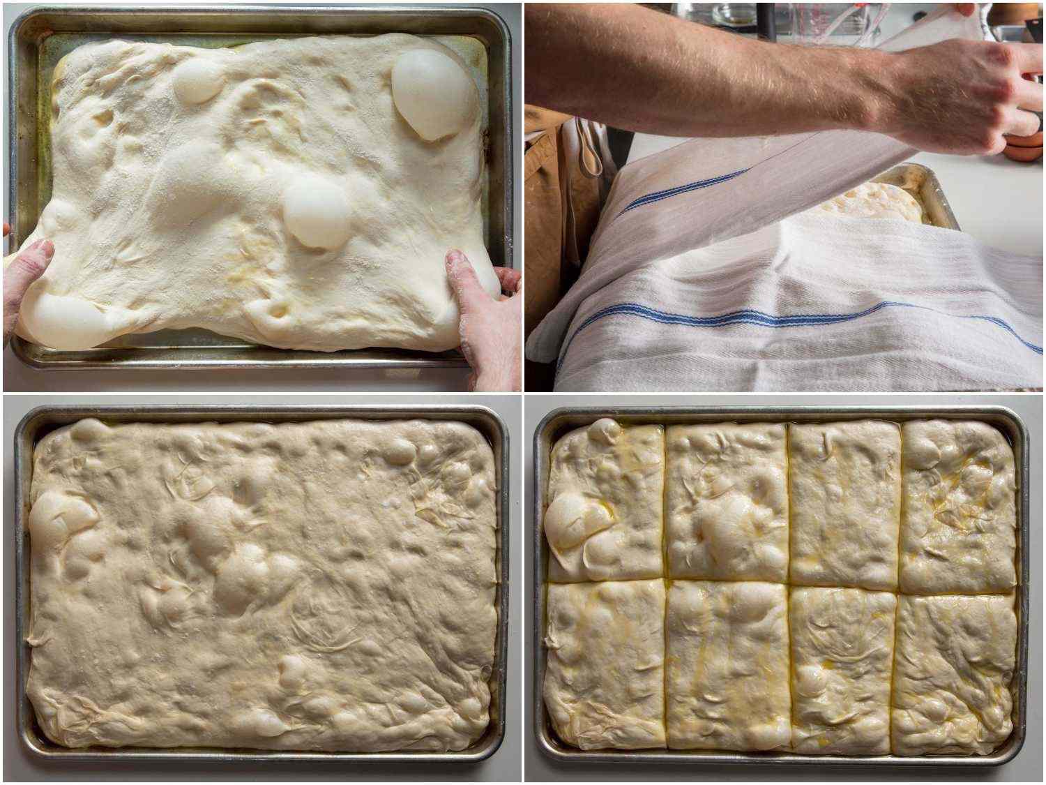 Process shots of stretching, proofing, and dividing trapizzino dough on baking sheet.
