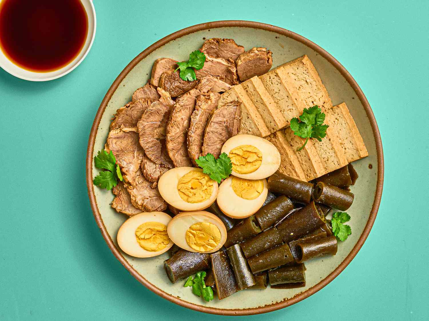 Overhead view of plated taiwanese braising bowl