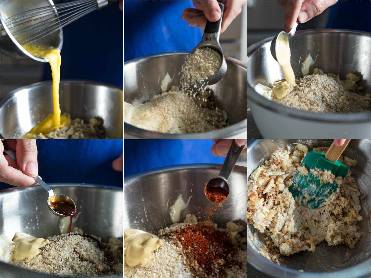 6-image collage showing egg, panko, mustard, Worcestershire, and paprika being added to the crabmeat and mixed with a spatula.