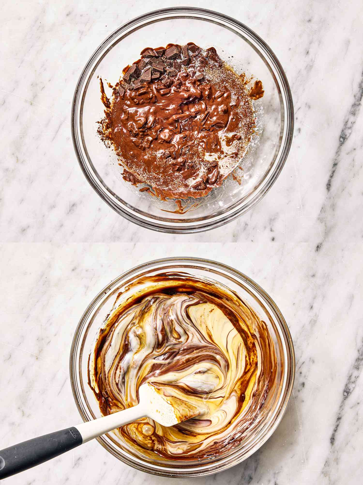Steps in preparing a dessert, two bowls showing stages of mixing ingredients