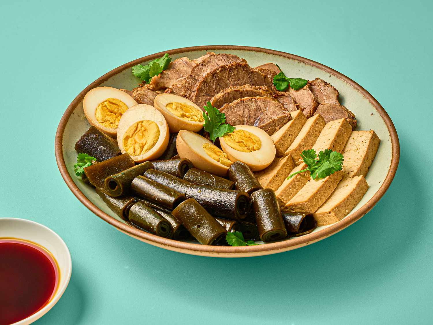 Overhead view of plated taiwanese braising bowl
