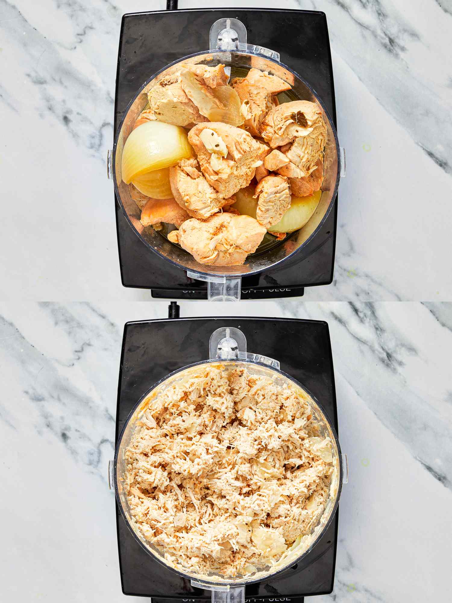 Twostep preparation process showing chicken and ingredients in a food processor then processed into a blended mixture