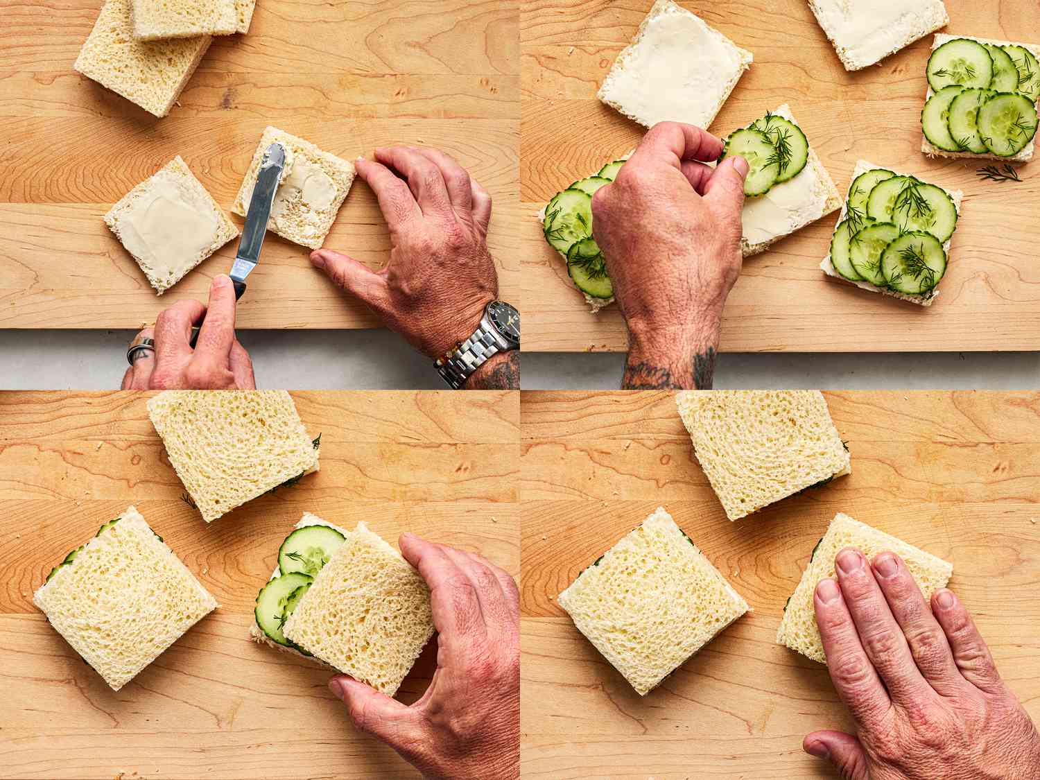 Four image collage of assembling sandwiches