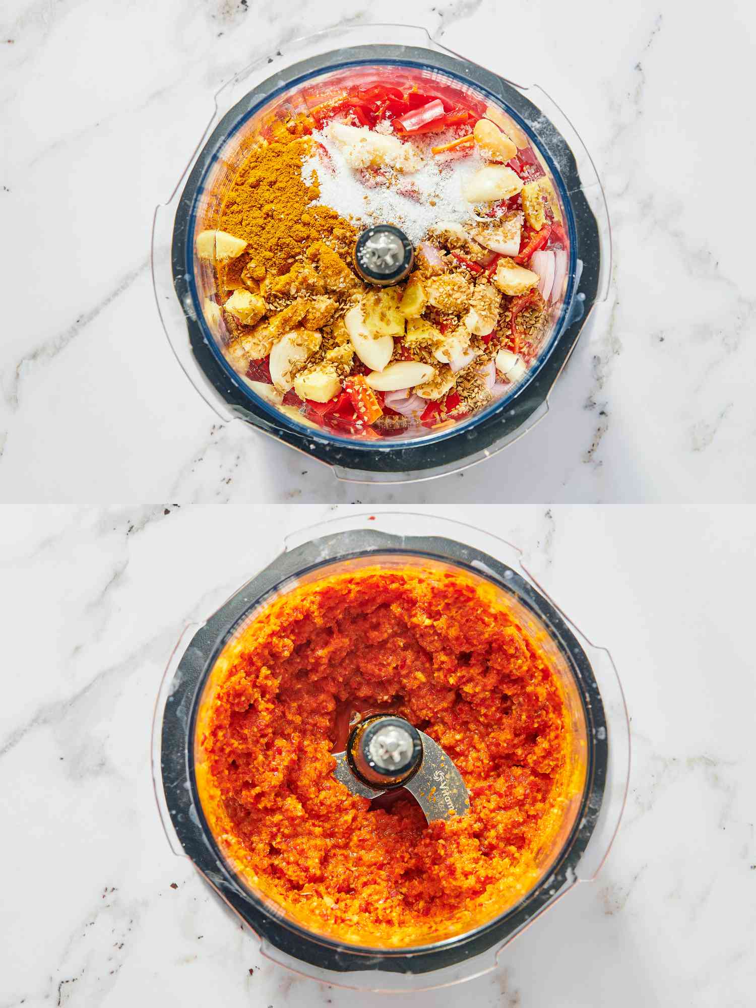 2 image collage. Top: shallots chiles, galangal, ginger, garlic, candlenuts, coriander seeds, turmeric, and salt in food processor bowl before being pulsed. Bottom: ingredients after pulsed 