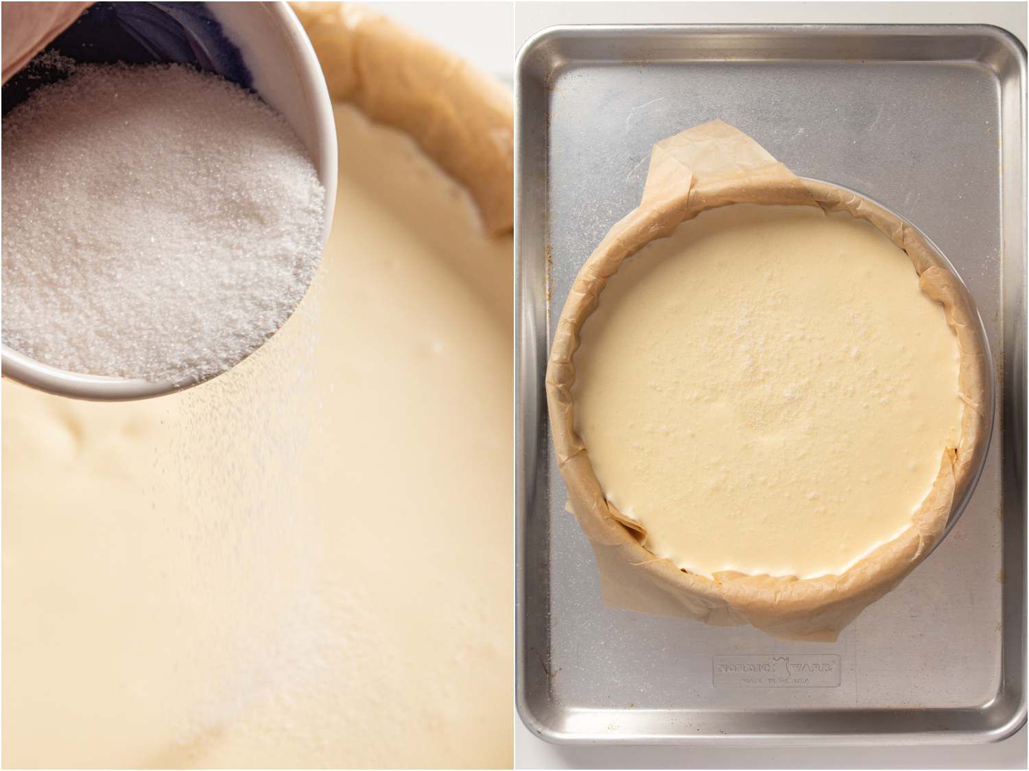 A split image with the left showing sugar being sprinkled on the cheesecake and the right showing the cheesecake resting on a baking sheet.