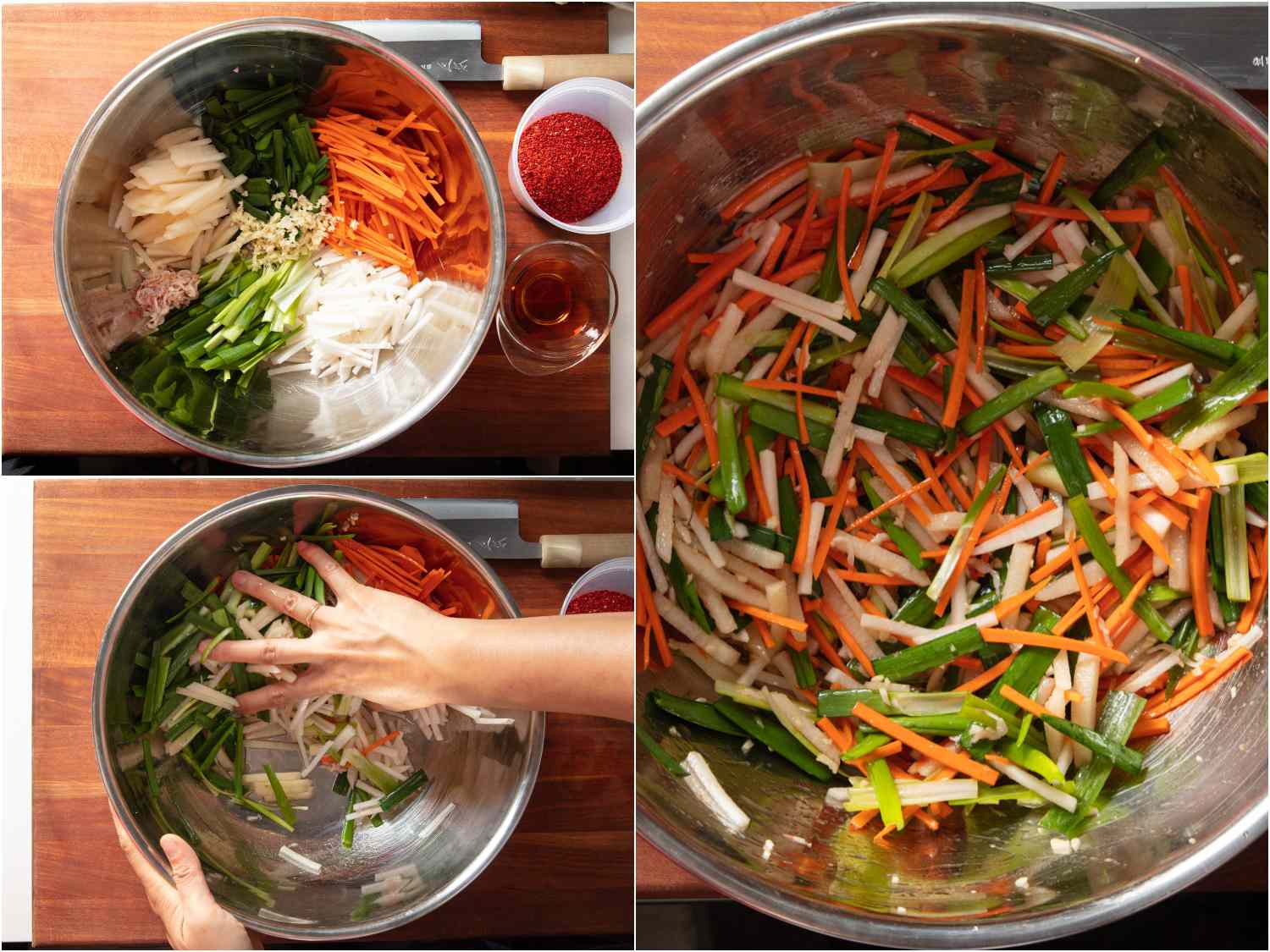 Collage of salting and mixing oi-sobagi filling by hand.
