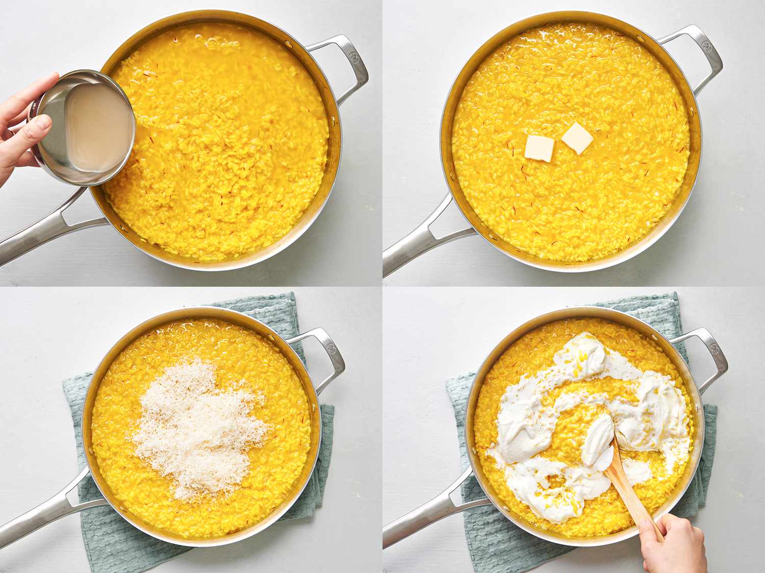A four-image collage. The top left shows additional stock being poured into the pan to increase the amount of hydration. The top right image shows two pats of butter added to the pan. The bottom left image shows grated cheese topping the rice in the pan. The bottom right image shows whipped cream being stirred into the rice, which adds body and makes the risotto light.