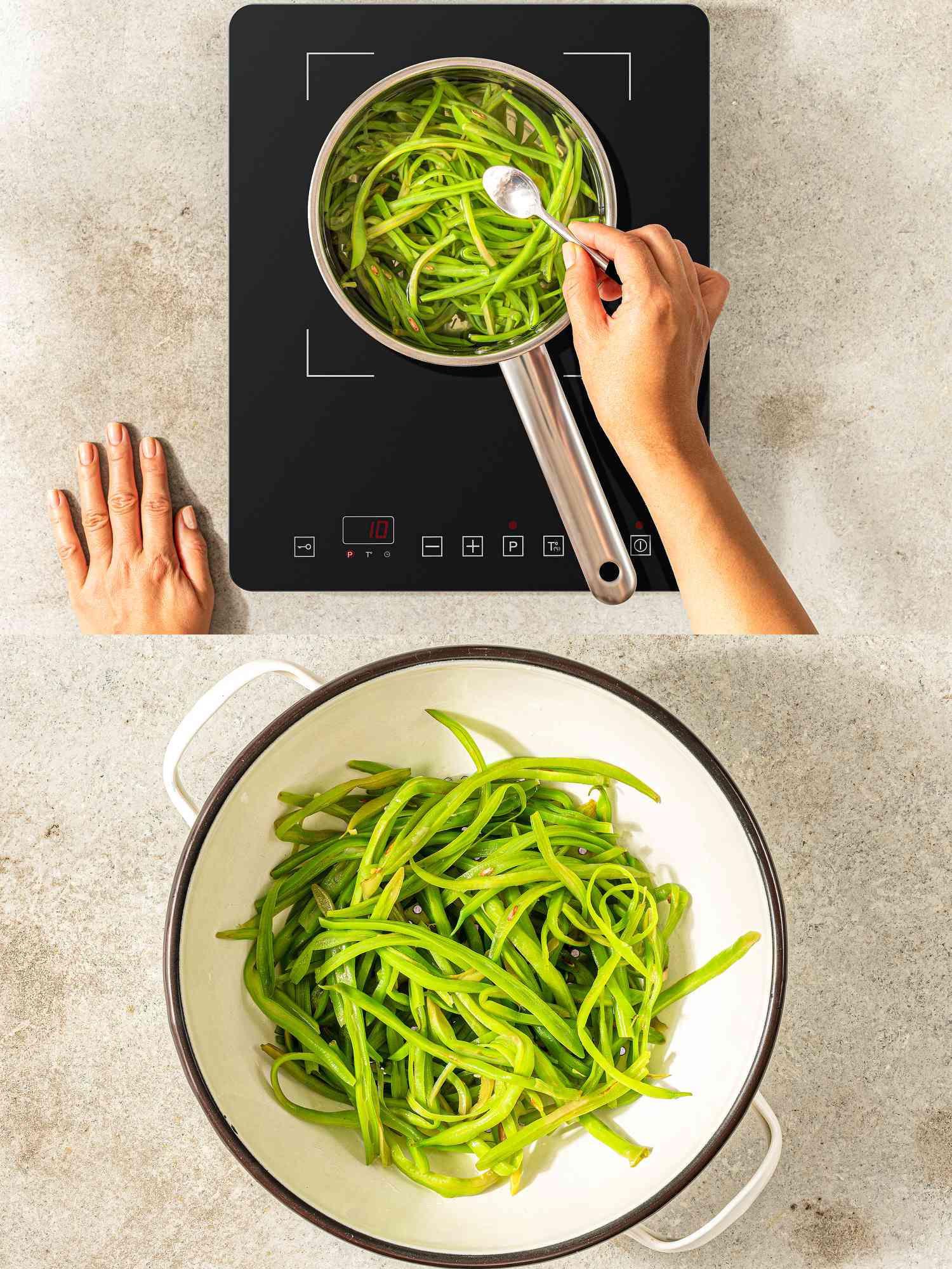 Two image collage of cooking green beans