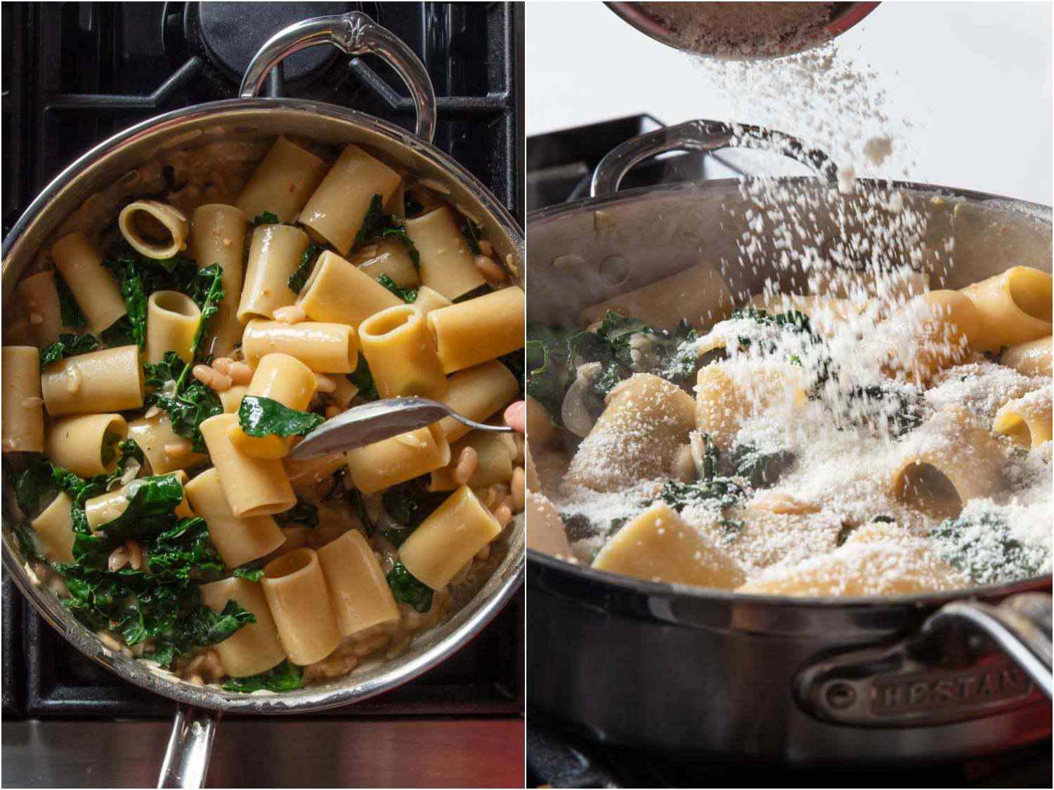 Side by side images of beans and greens pasta being finished and tossed with cheese.