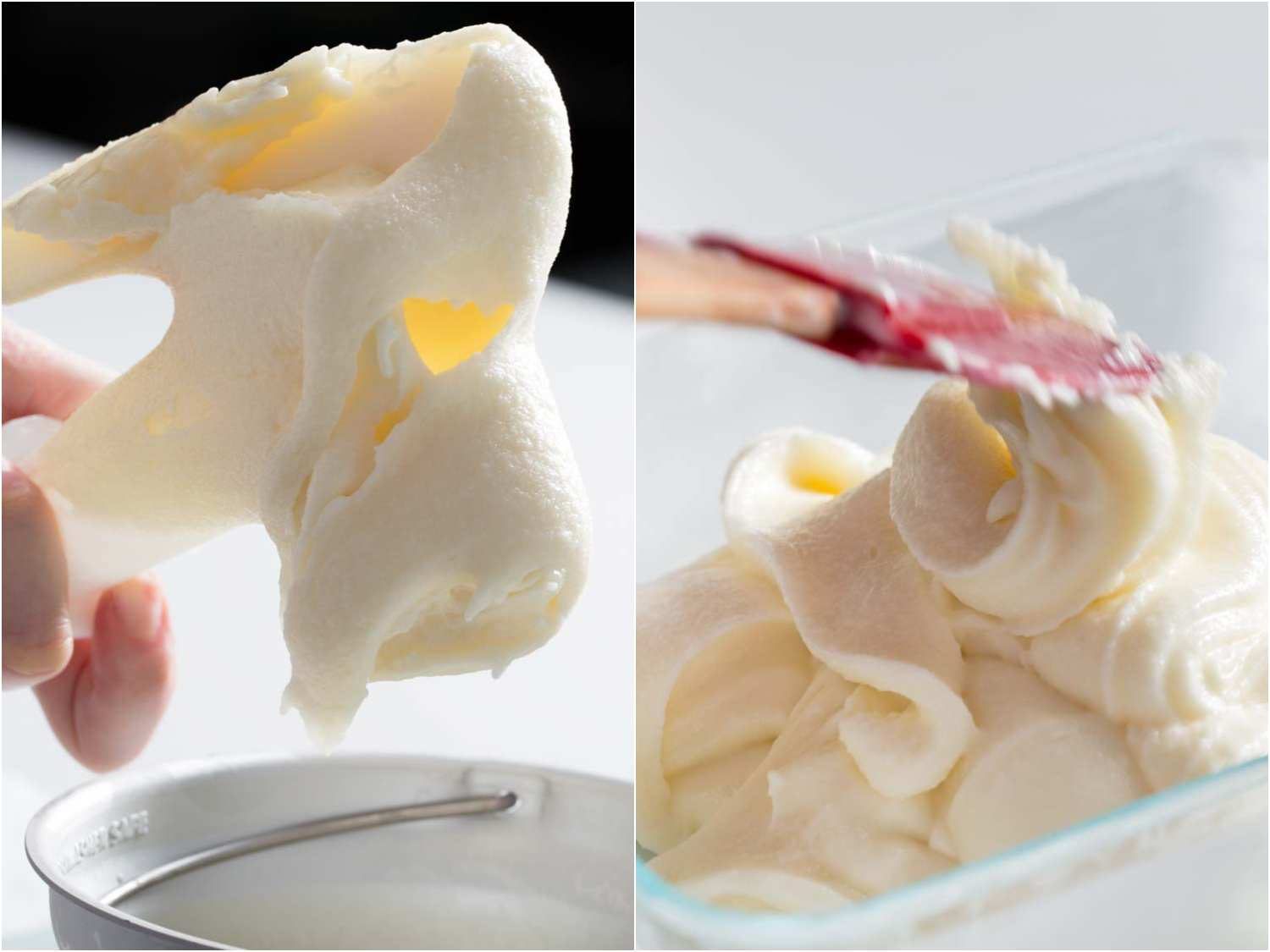 Side by side images showing the thick and fluffy texture of ice milk after churning and transferring the mixture to a container to put in the freeze.