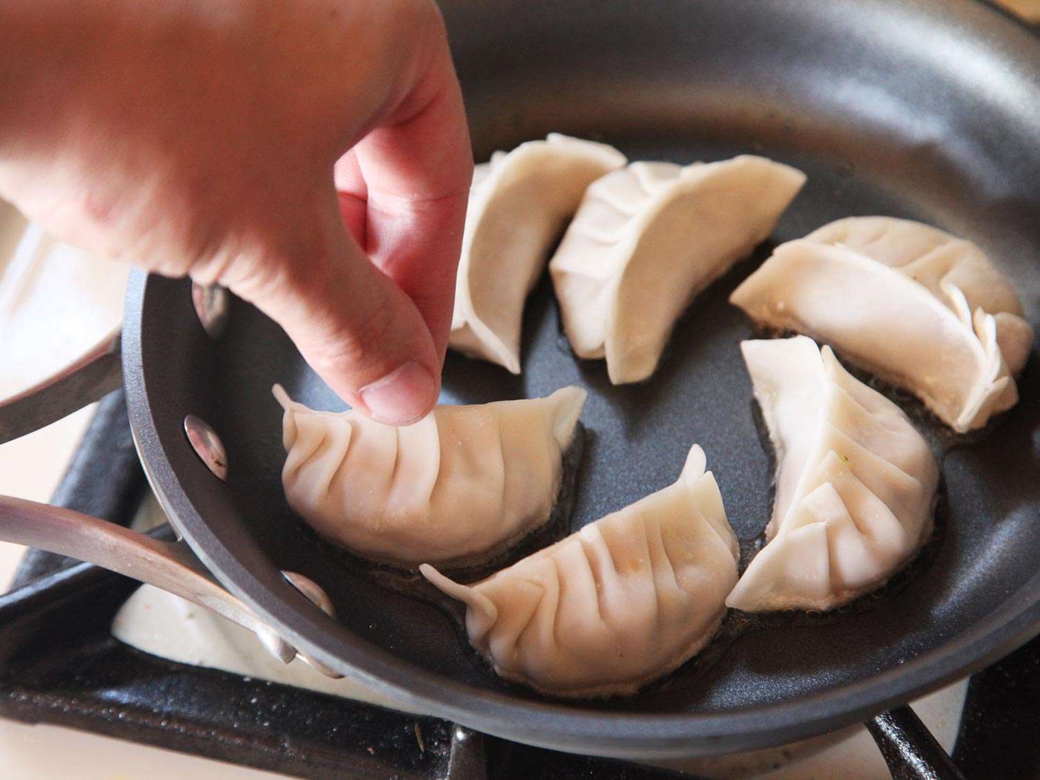 Arranging six gyoza in a small non-stick skillet.