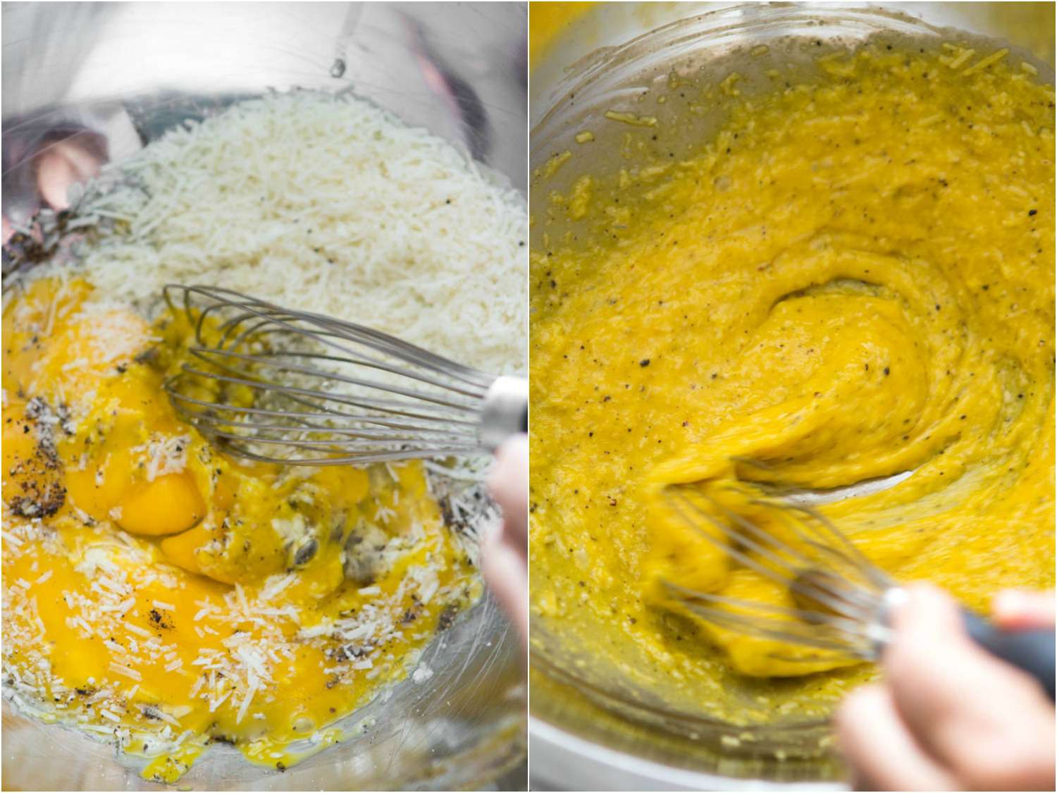 Photo collage showing whisking egg yolks, pepper, and cheeses together in large bowl for pasta carbonara.