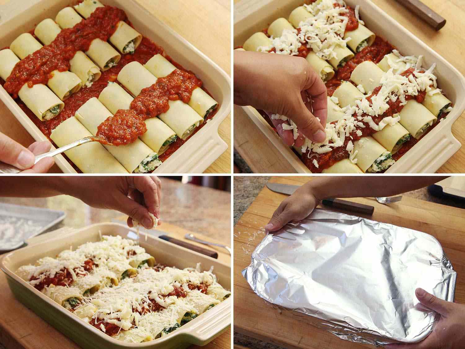 A collage: spreading sauce on top of a layer of manicotti, sprinkling cheese and covering the casserole dish with aluminium foil.