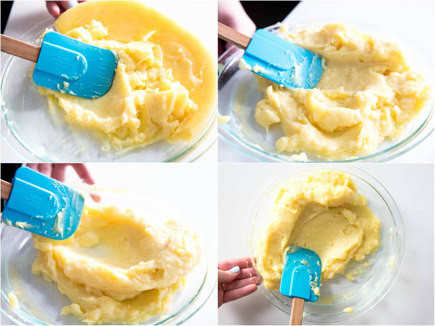 Collage of stirring super-thick vanilla custard using a flexible spatula. 