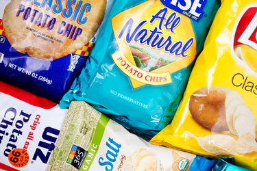 An assortment of potato chip bags. 