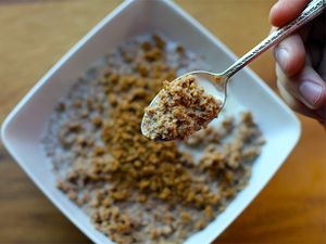 Overhead view of a spoonful of DIY grape-nuts cereal. A bowl of the cereal is visible in the blurred backgroung.