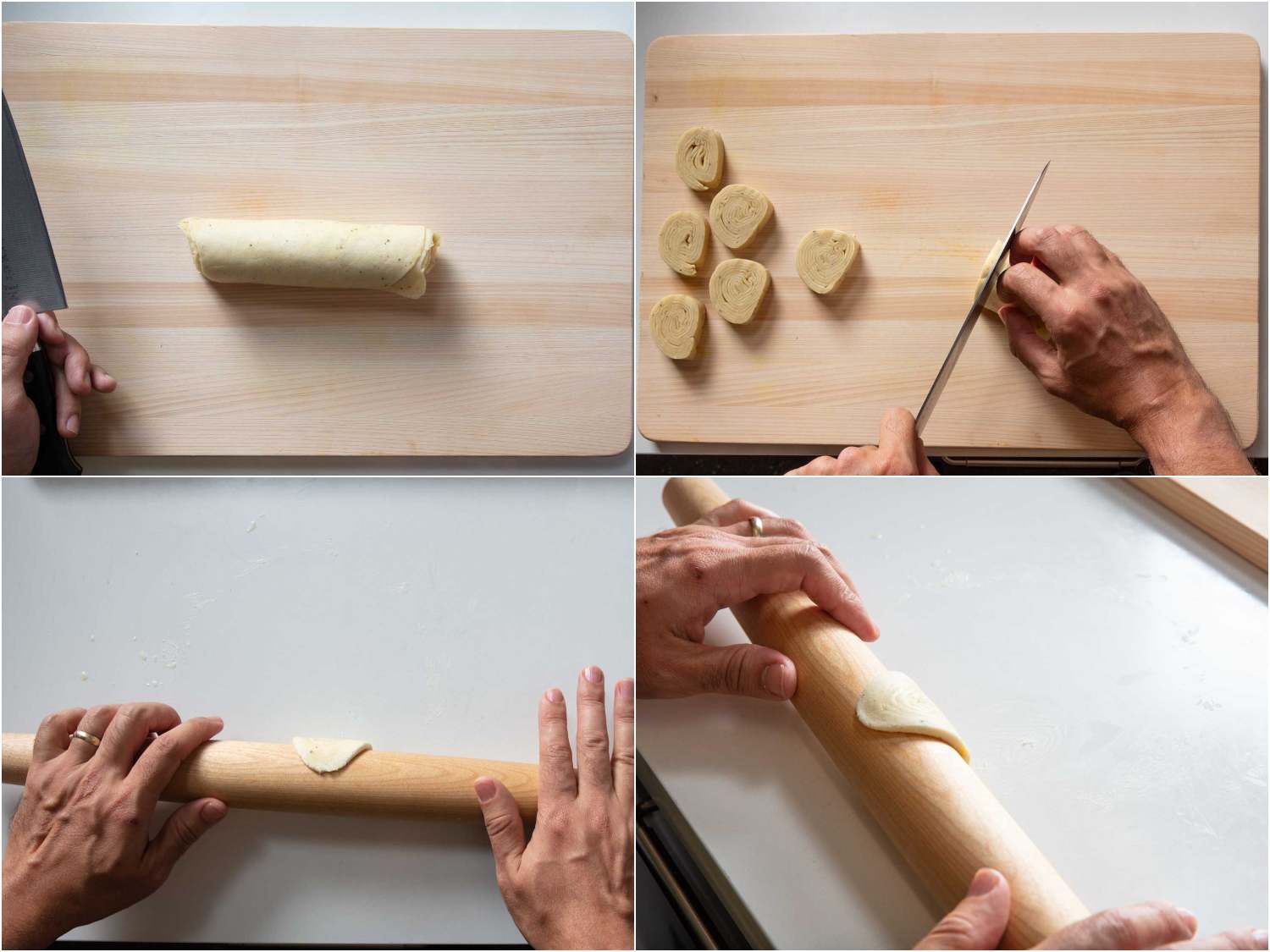 Collage showing chiroti being cut into slices and rolled out before frying 