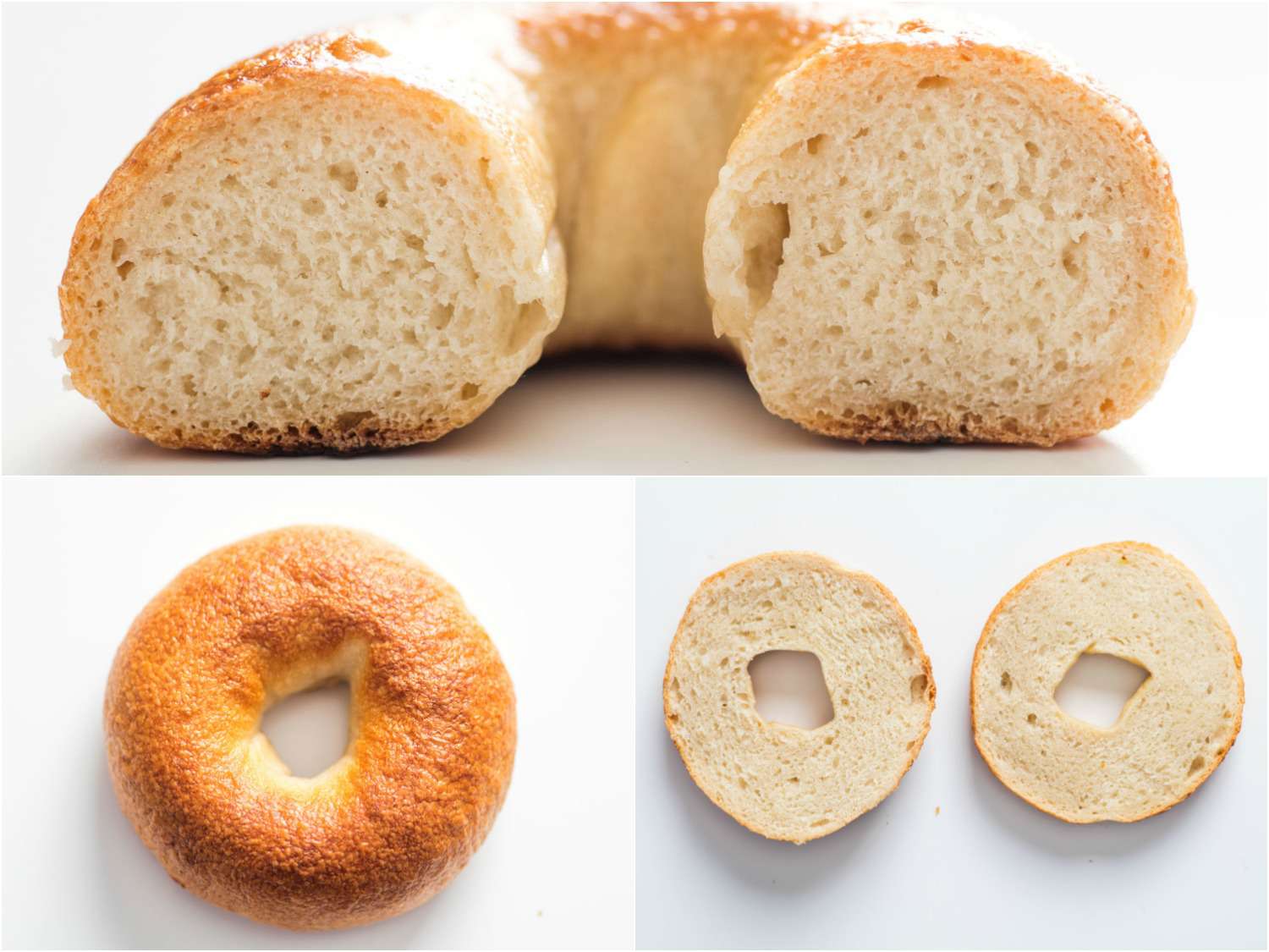 Photo collage showing cross-section of bagels cut horizontally and vertically.