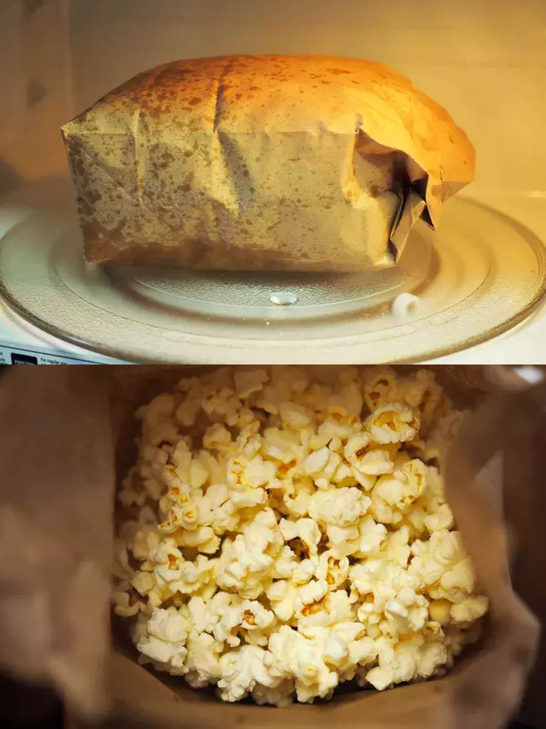 A two-image collage. The top image shows a brown paper bag, spotted with oil, inside of a microwave. The bag is inflated, indicating the popcorn has popped. The bottom image shows the interior of the brown paper bag, showing off the popped popcorn.