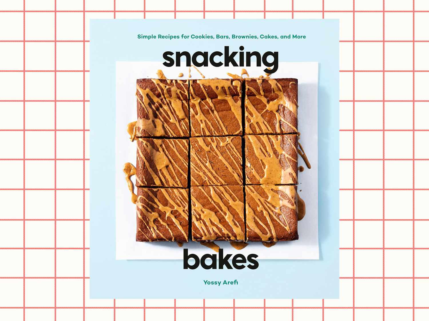 Snacking Bakes cookbook on a grid background.