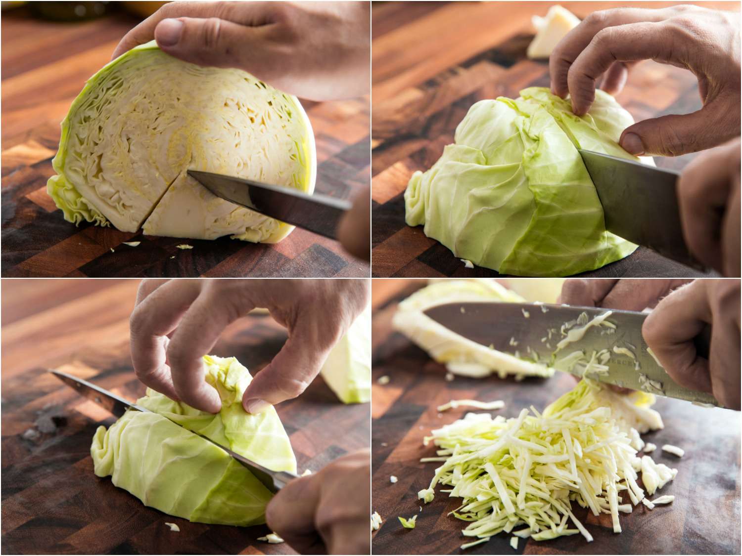 Four images of a head of cabbage on a cutting board being cored, cut into wedges, and shredded.