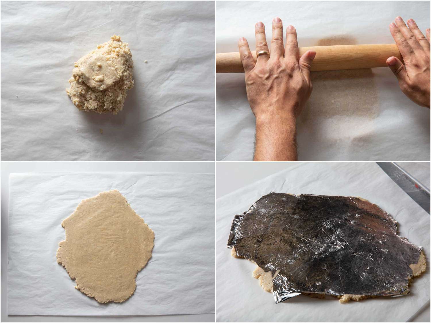Collage of the dough being rolled out between sheets of parchment and then covered with silver leaf.