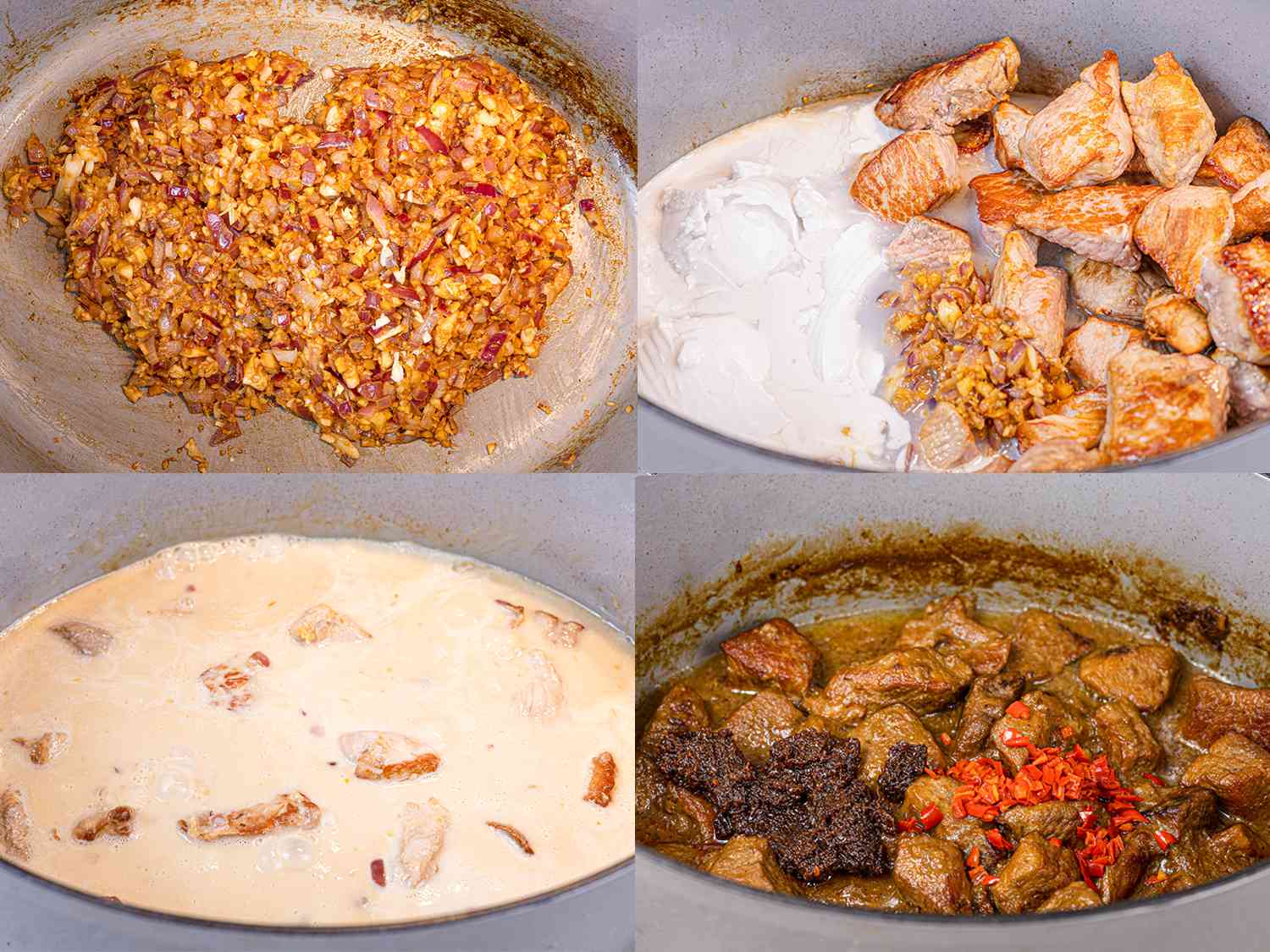4 step collage of an inside view of a dutch over. From Upper left, clockwise: ginger, onion, and garlic cooked down; pork and coconut milk added to onion, ginger, garlic mixture; coconut milk and pork brought to a boil; chiles and peppers added to the dutch oven