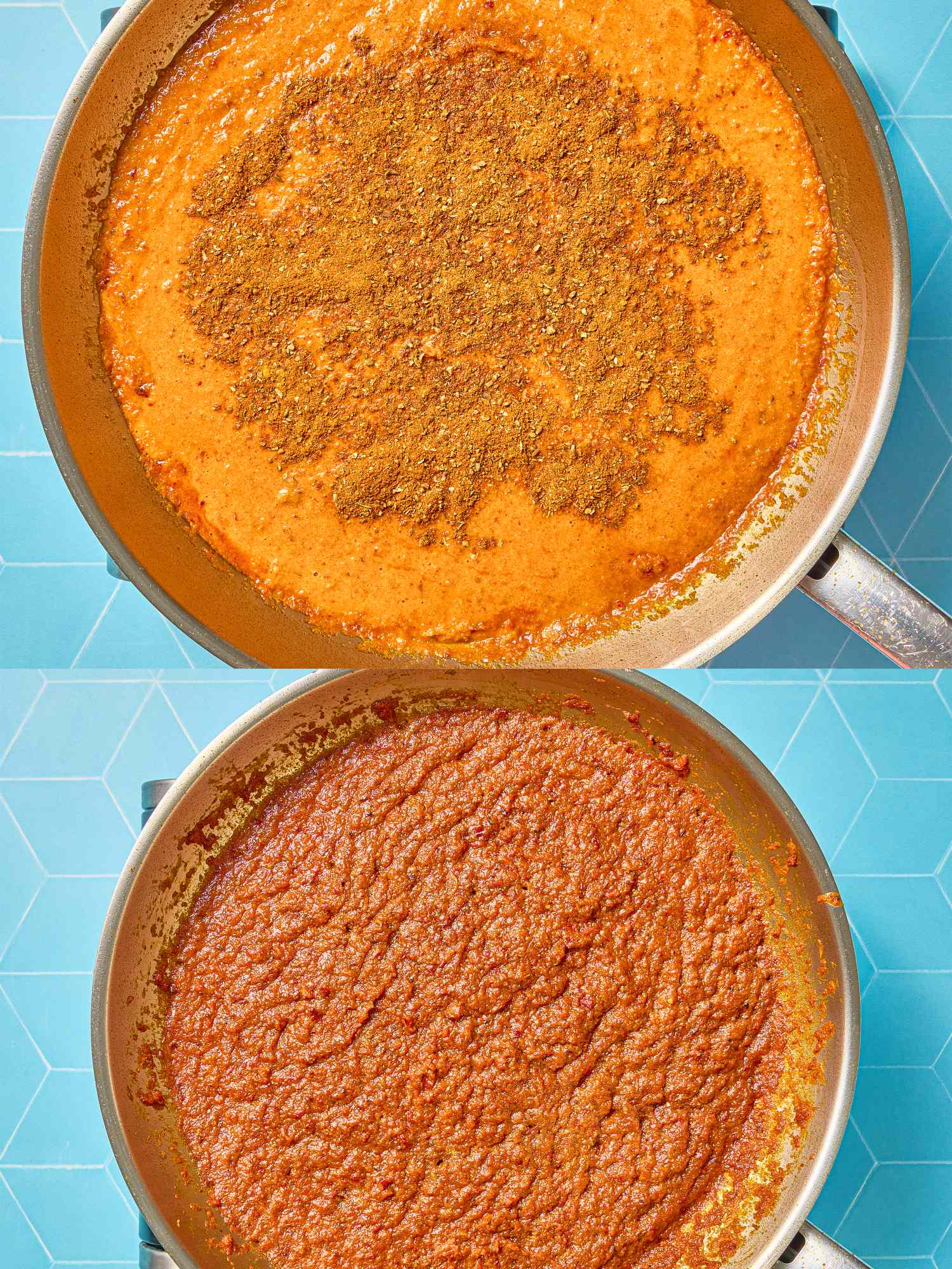 Two cooking pans with prepared curry laksa sauce one before cooking and one after simmering display a recipe step